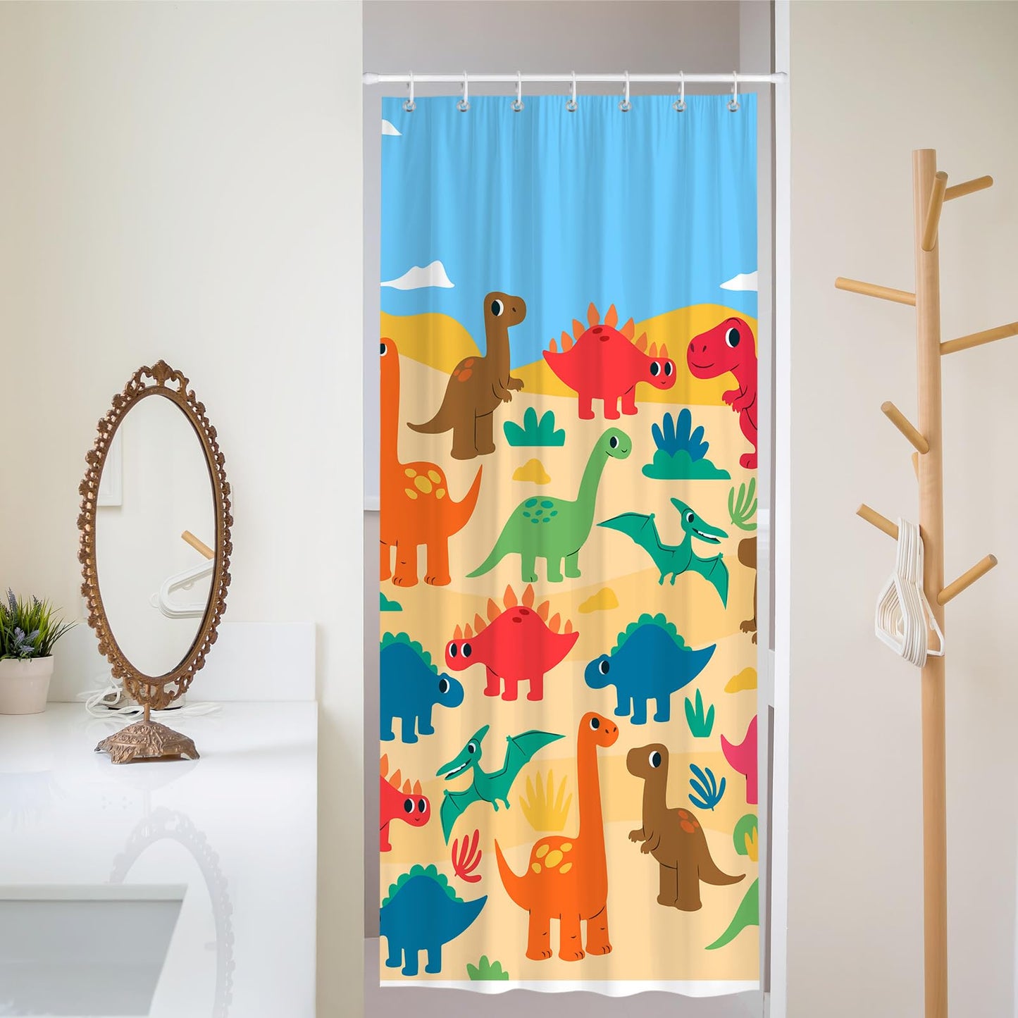 BREASOME Dinosaur Shower Curtain 180 x 90 cm for Bathroom Decor Mould Proof Waterproof Polyester Fabric Bath Curtain with 12 Hooks