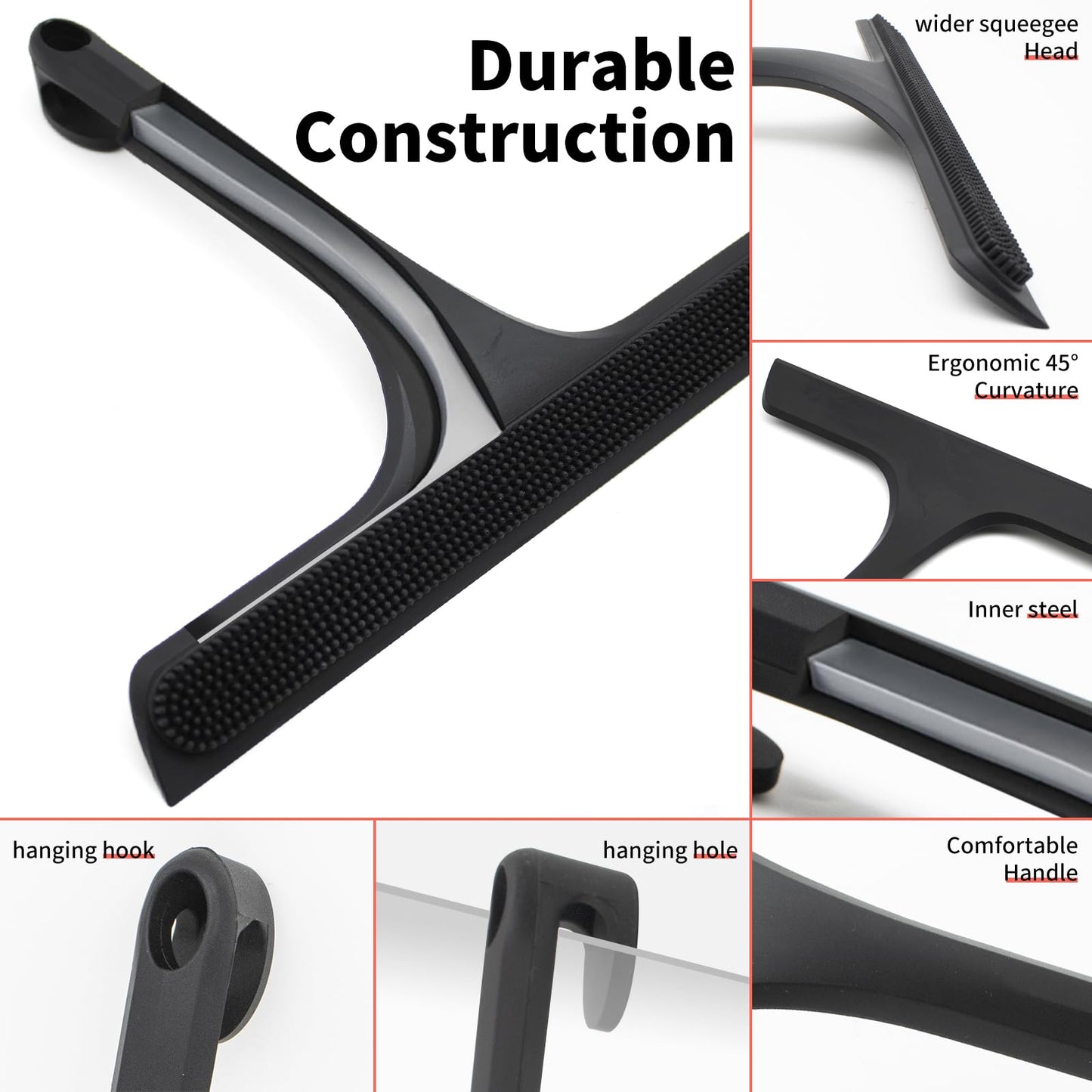 Shower Squeegee For Glass Doors With Built-In Hook All-In-One Silicone Squeegee Rubber Screen Wiper For Window Bathroom Cleaner Scraper Showers