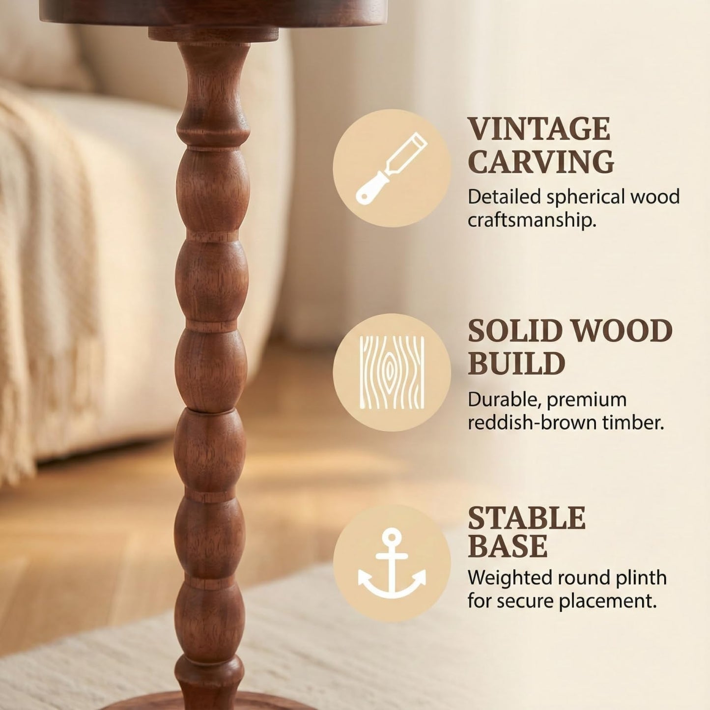 Perclyzm Solid Oak Wood Round Side Table, Rustic Brown Tall Pedestal Drinks Table, Dark Walnut Finish, Tray Top for Living Room, Sofa, Bedroom