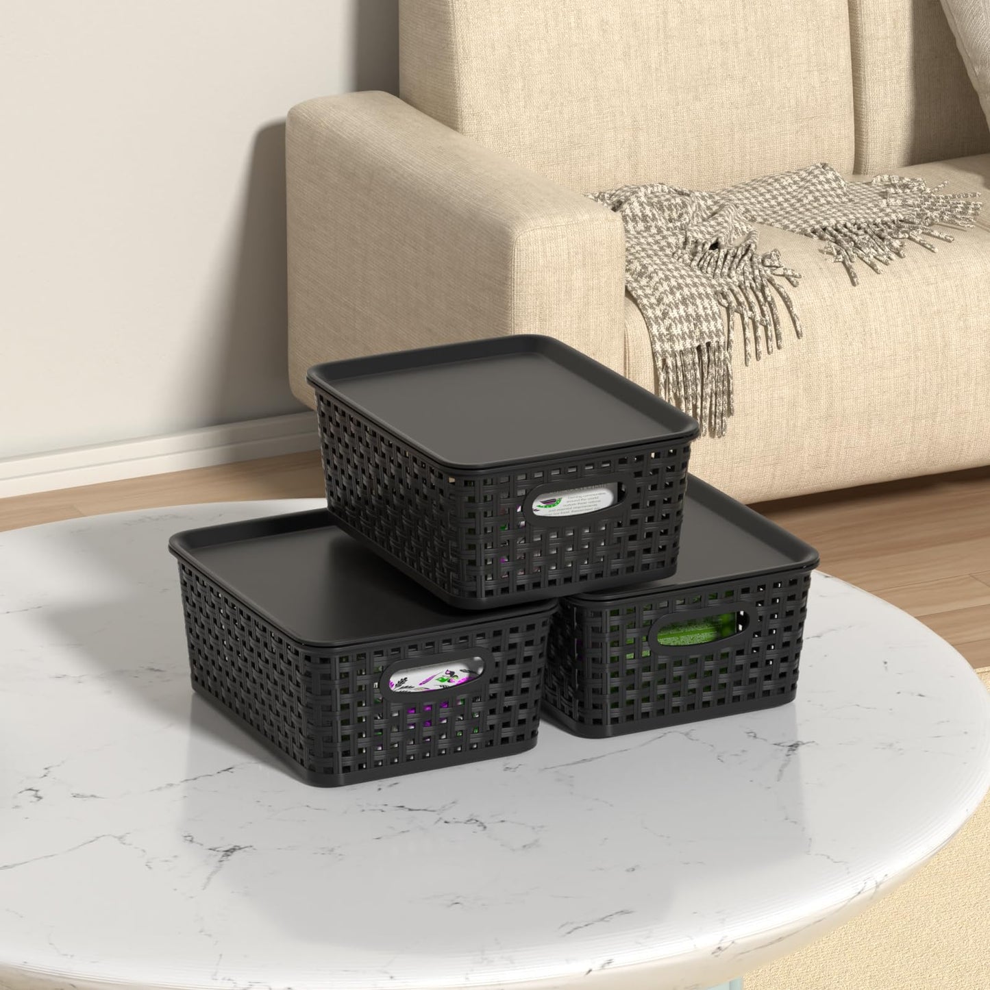 Oymlclivisa 6 Packs Woven Plastic Storage Baskets with Lids, Black
