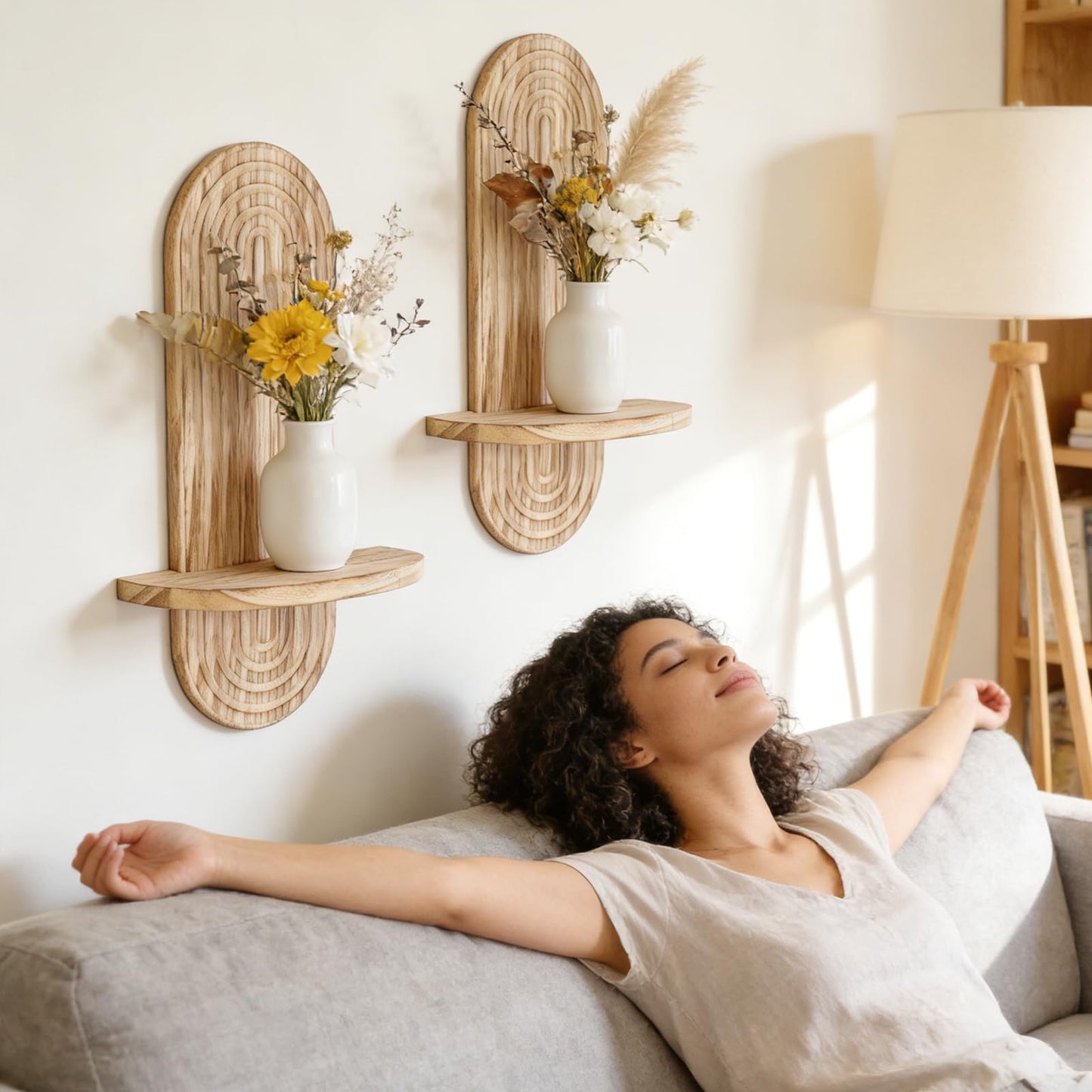 YiYa 2 Pcs Wood Shelves for Wall Decor Modern Boho Wall Shelf Arch Wood Floating Shelf Display Shelving for Hanging Plants Photo for Living Rooms