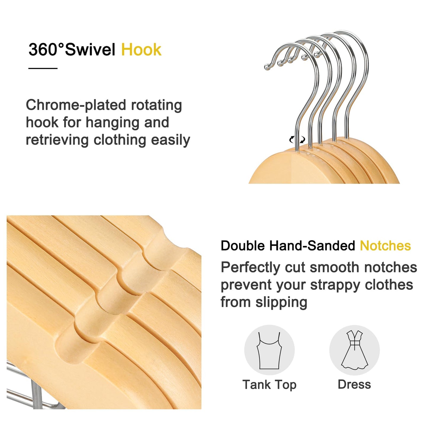 TOPIA HANGER Wooden Hangers with Adjustable Metal Clips and 360° Swivel Hook, Premium Wood Clothes Hangers 10 Pack for Suit, Pant, Skirt, Jeans, Coat