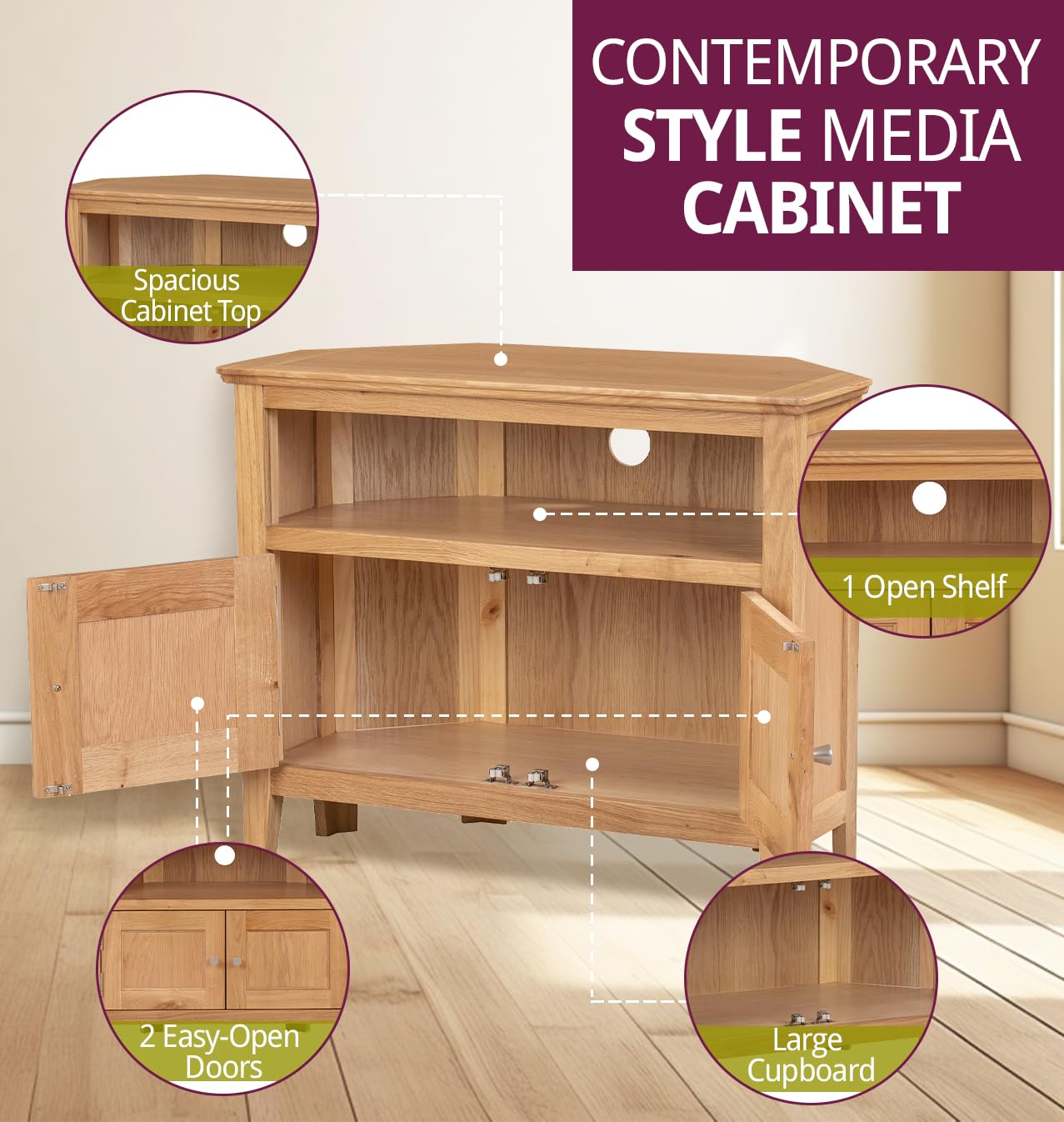 Hallowood Furniture Hereford Oak Small Corner TV Unit with Storage Cupboard