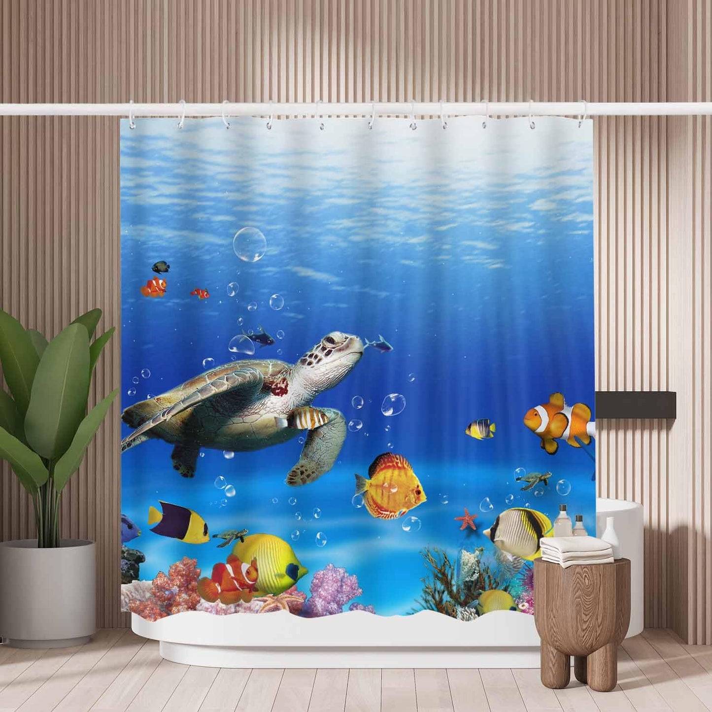 Woutay Shower Curtain Mould Proof Resistant Underwater World Fishes,Water Repellant Fabric,Polyester,with 12 Plastic Hooks