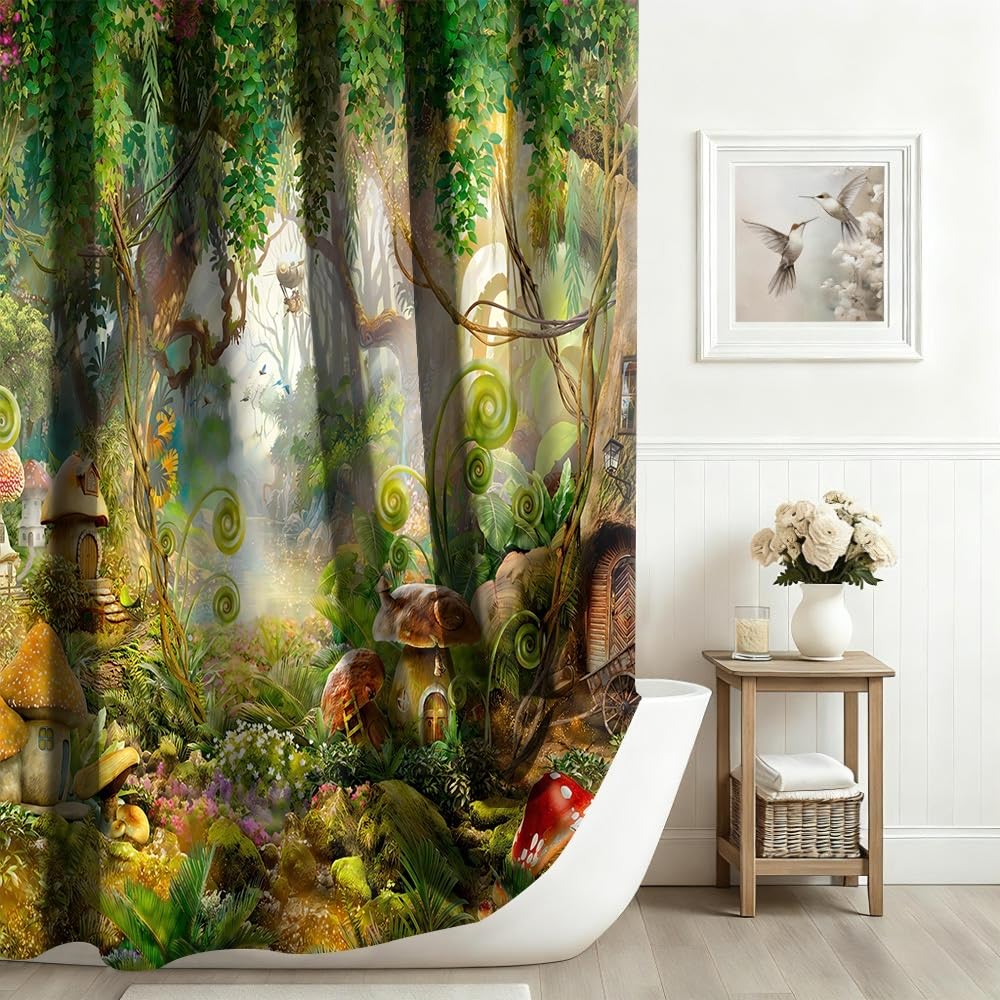 Xiaoterna Fairy Tale Forest Shower Curtain Mushroom Green Tree Grass Bathroom Curtain Spring Magic Enchanted Forest Fantastic Jungle Shower Curtain