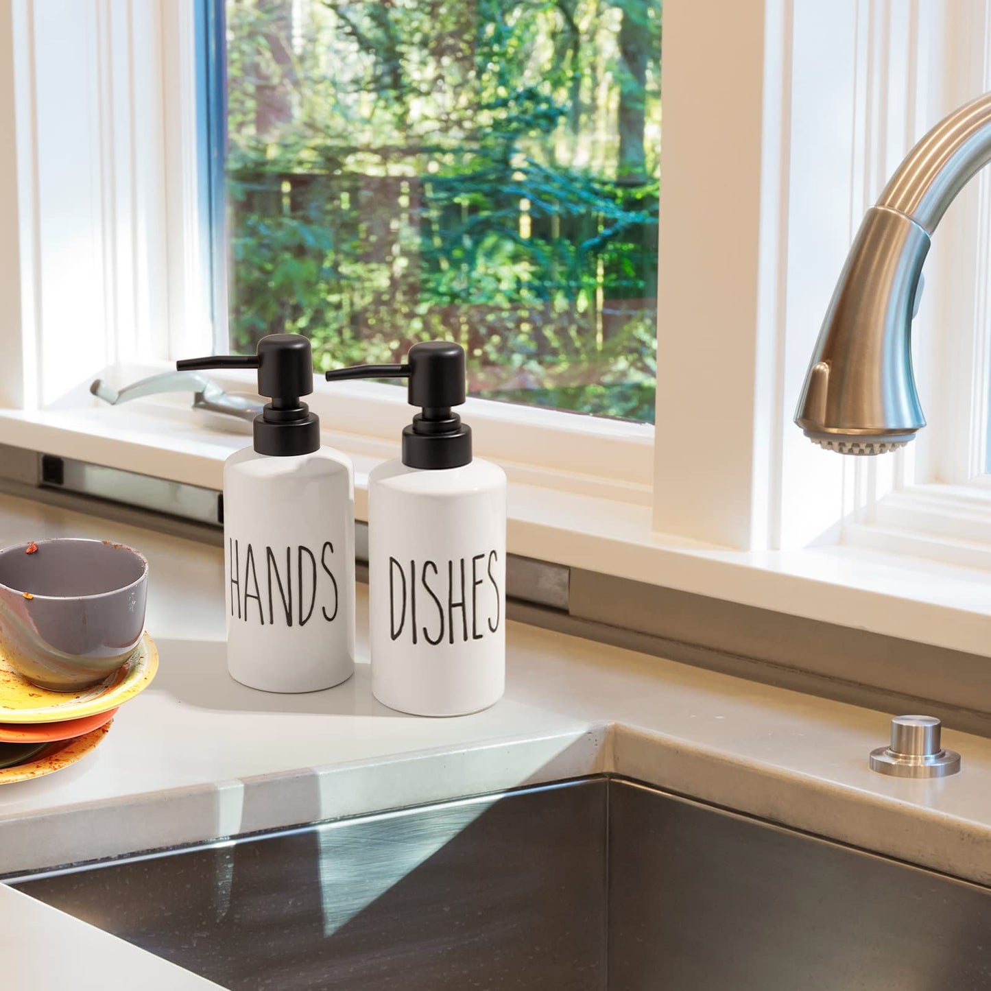 FE Soap Dispenser, 10oz Hand Soap Dispenser, White Ceramic Soap Dispenser for Kitchen Sink, Soap Dispenser Bathroom with Modern Design (Hands)