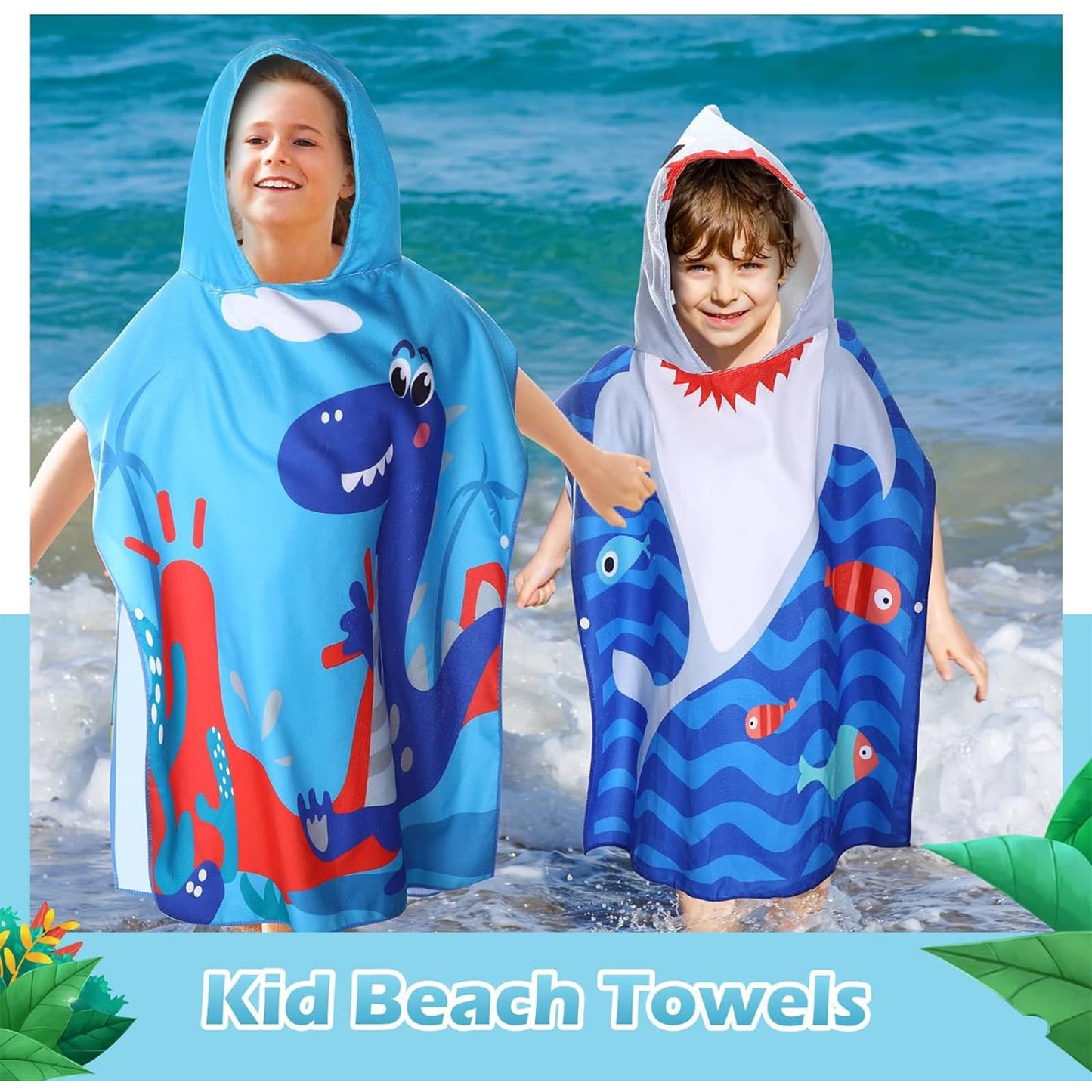 Kids Hooded Poncho Towels Blue Shark Beach Towel with Hooded for Boys,60*90cm Bath Towel Poncho Beach Changing Robe for 5-7 th Old Boys,Polyester