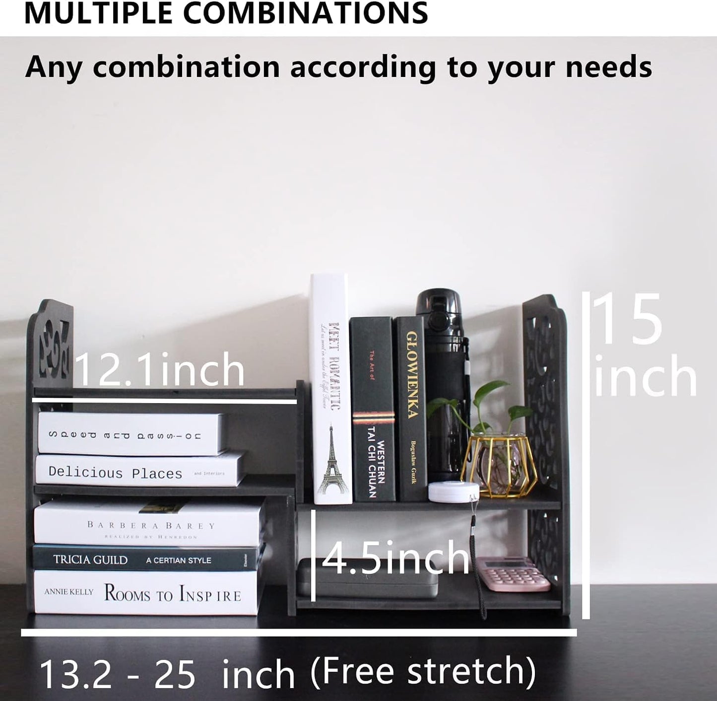 DoToGo Desk Shelf Organizer, Deskop Bookshelf for Small Space Adjustable Expendable for Office, Home, Kitchen (Black cloud)