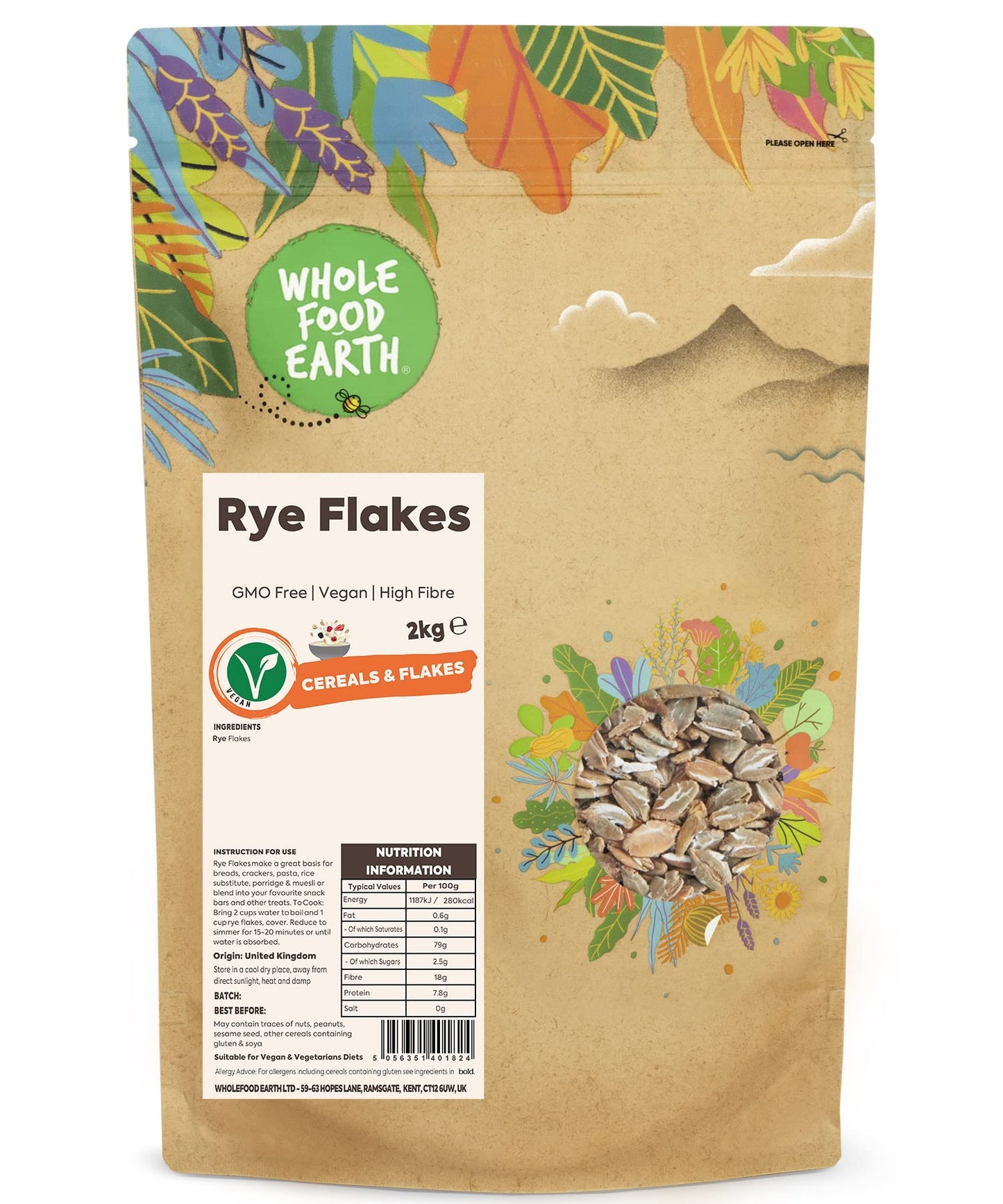 Wholefood Earth Rye Flakes 2 kg | GMO Free | High Fibre