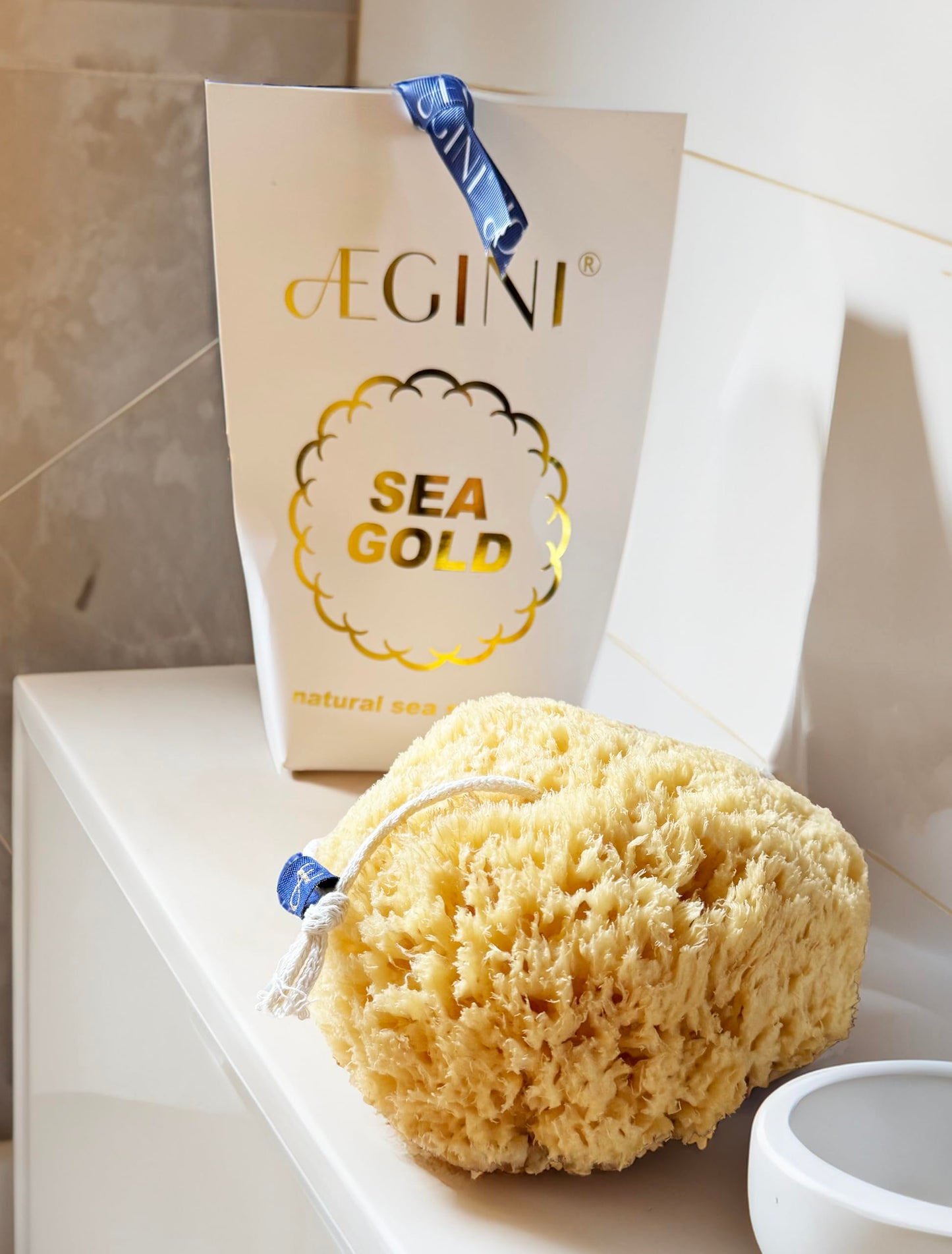 Aegini? Sea Gold XL Natural Sea Sponge, String Attachment, Premium Quality, Unbleached, Soft & Absorbent
