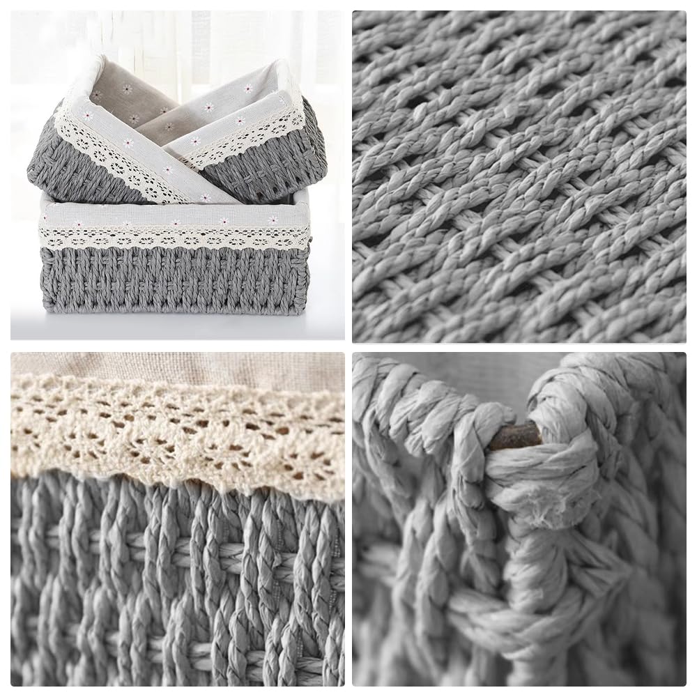 KiKiHong Set of 3 Rope Woven Storage Baskets Grey Wicker Basket