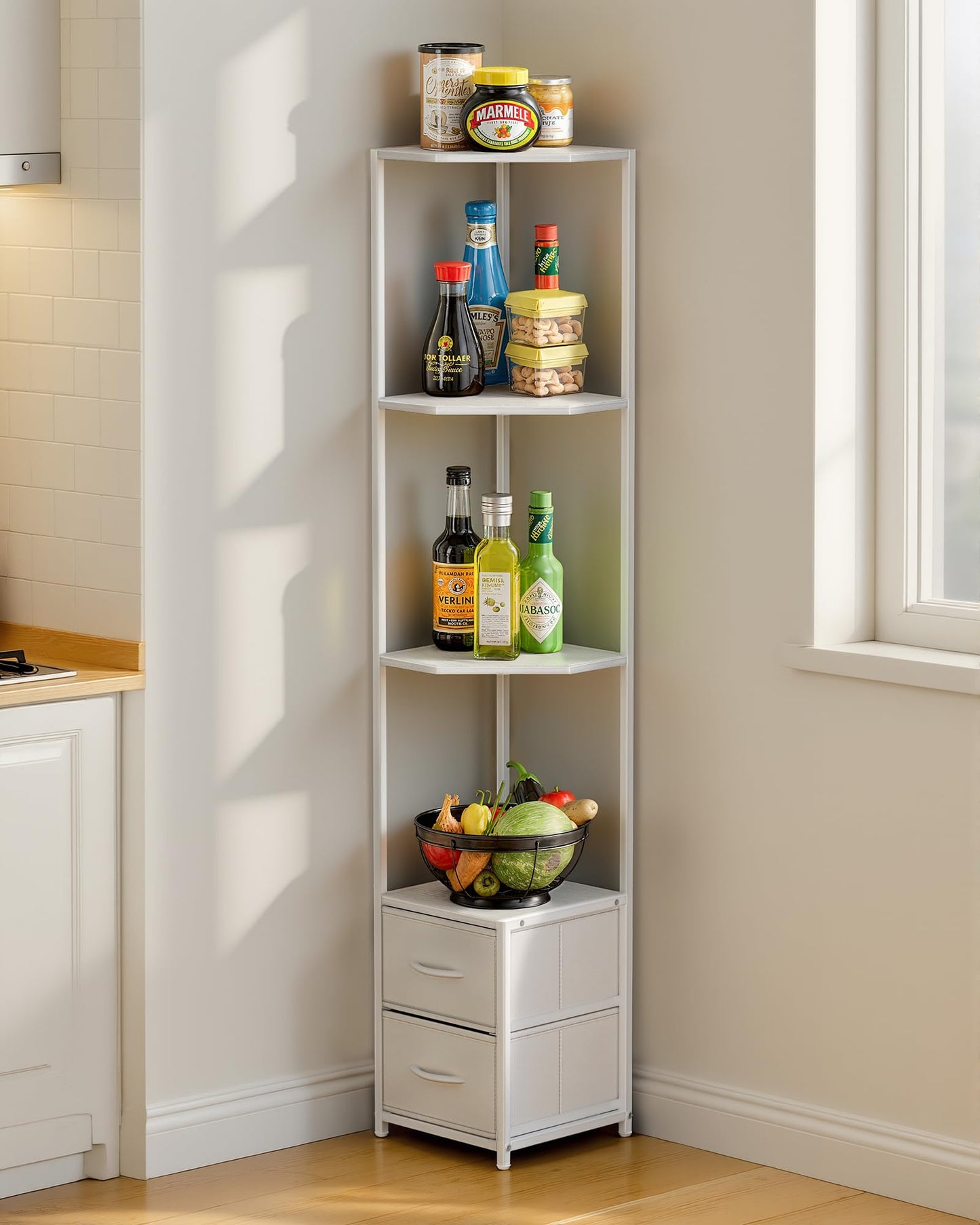 Housolution 6 Tier Corner Shelf Stand with Storage and Fabric Drawers,White