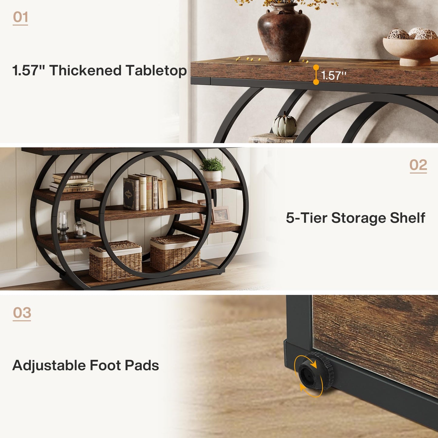 Tribesigns Circle Base Console Table | Narrow Entryway Table 120x30x80cm | 4-Tier Storage Shelf | Industrial Farmhouse Hallway Sofa Table,Rustic