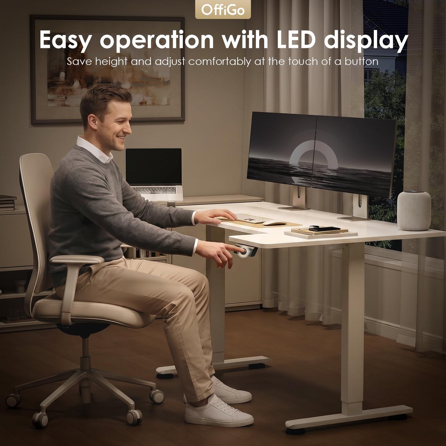 OffiGo Height Adjustable Desk, U Shaped Standing Desk with 3 Memory Presets