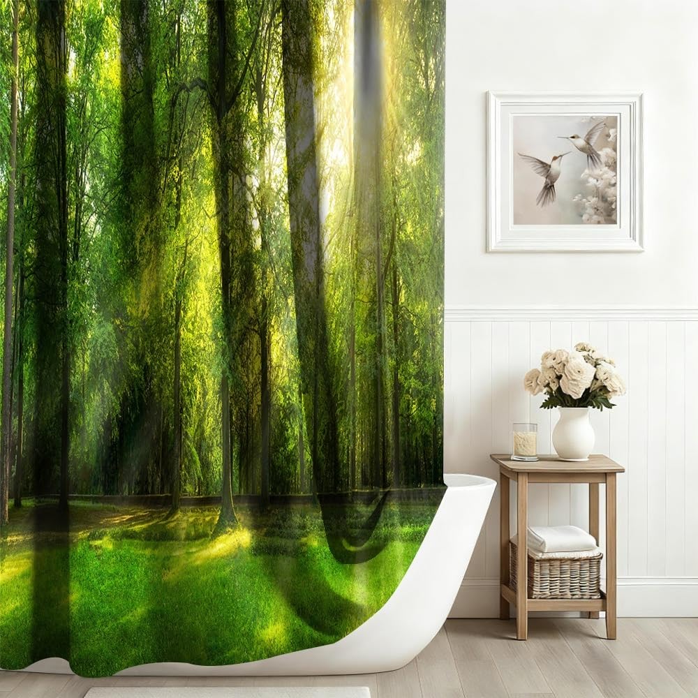 Xiaoterna Tropical Jungle Shower Curtain Green Forest Nature Landscape Sunshine Bathroom Curtain Spring Jungle Rainforest Mould Proof Washable Shower
