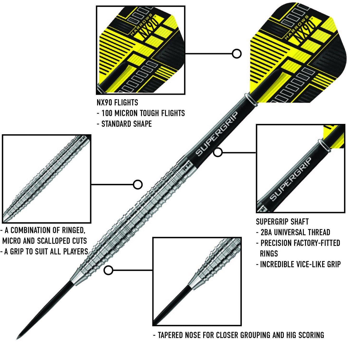 Harrows NX90 90% Tungsten Steel Tip Darts Set 21g, 22g, 23g, 24g, 25g & 26g - Includes Black Supergrip Midi Shafts & Micron NX90 Flights (24g)