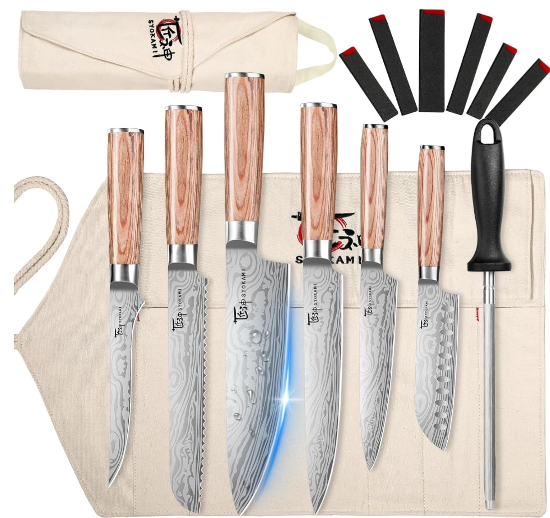 SYOKAMI Chef Knife Set with Roll Bag, Professional Japanese Kitchen Knives Sets, Damascus Pattern Pakkawood Wooden Handle, High Carbon Steel Knives