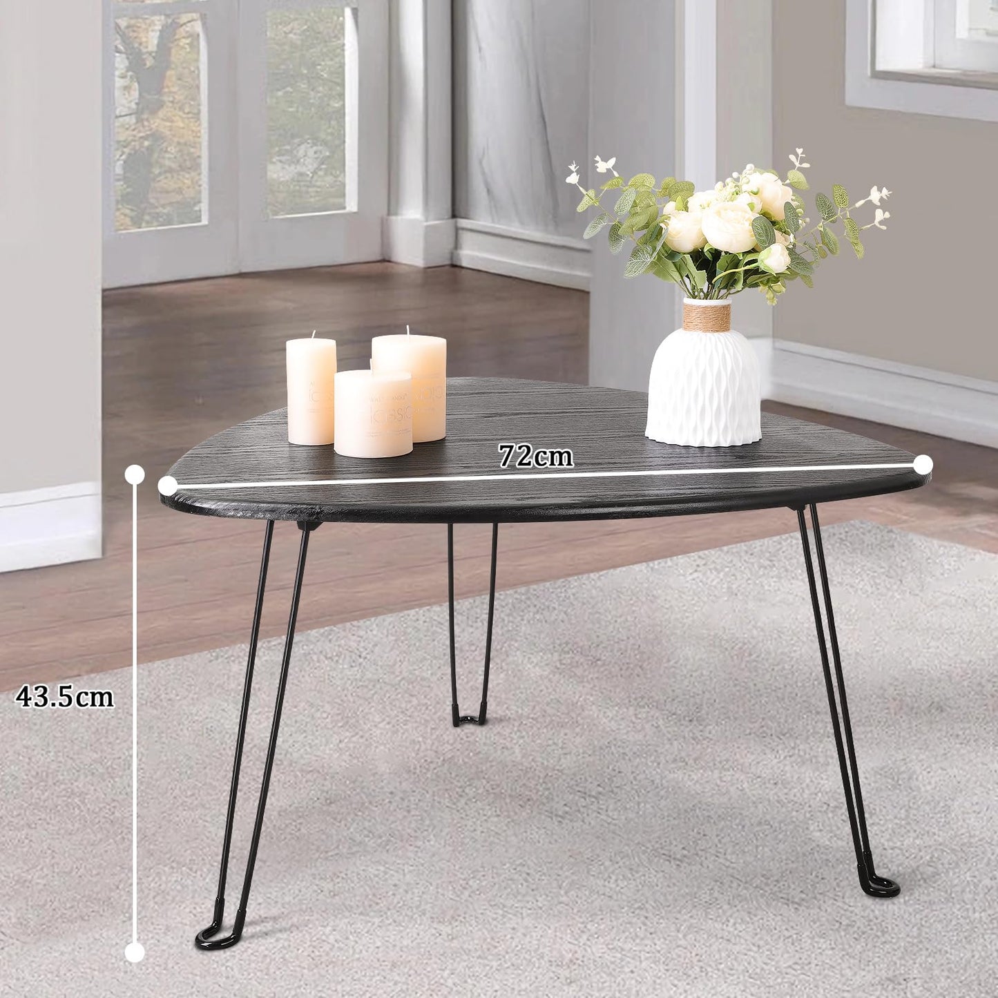 FEUFOAM Black Folding Coffee Table Small Oval Coffee Tables Wooden Triangle Floor Desk for Sitting on the Floor Mid Century Modern Center Sofa Table