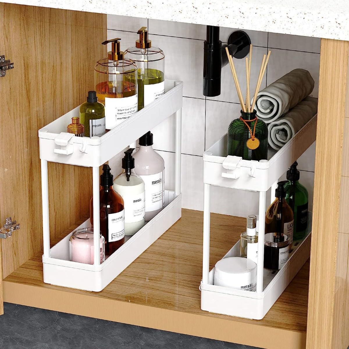 Queta Storage Trolley, Kitchen Storage Utility Cart Mobile Shelving Unit with Handle Hook Slide Out Storage Rack for Office, Kitchen, Bedroom