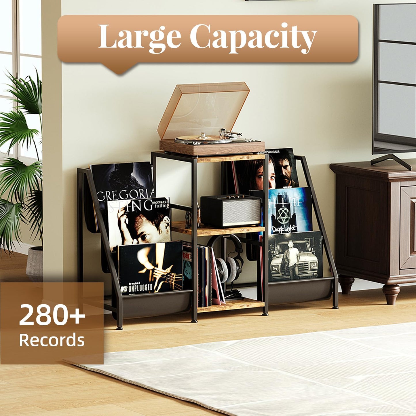 CAIYUN Record Player Stand Storage with 3-Tier and Fabric Drawer, Turntable Table Holds Up to 280 Albums, Cabinet CD Rack for Living Room