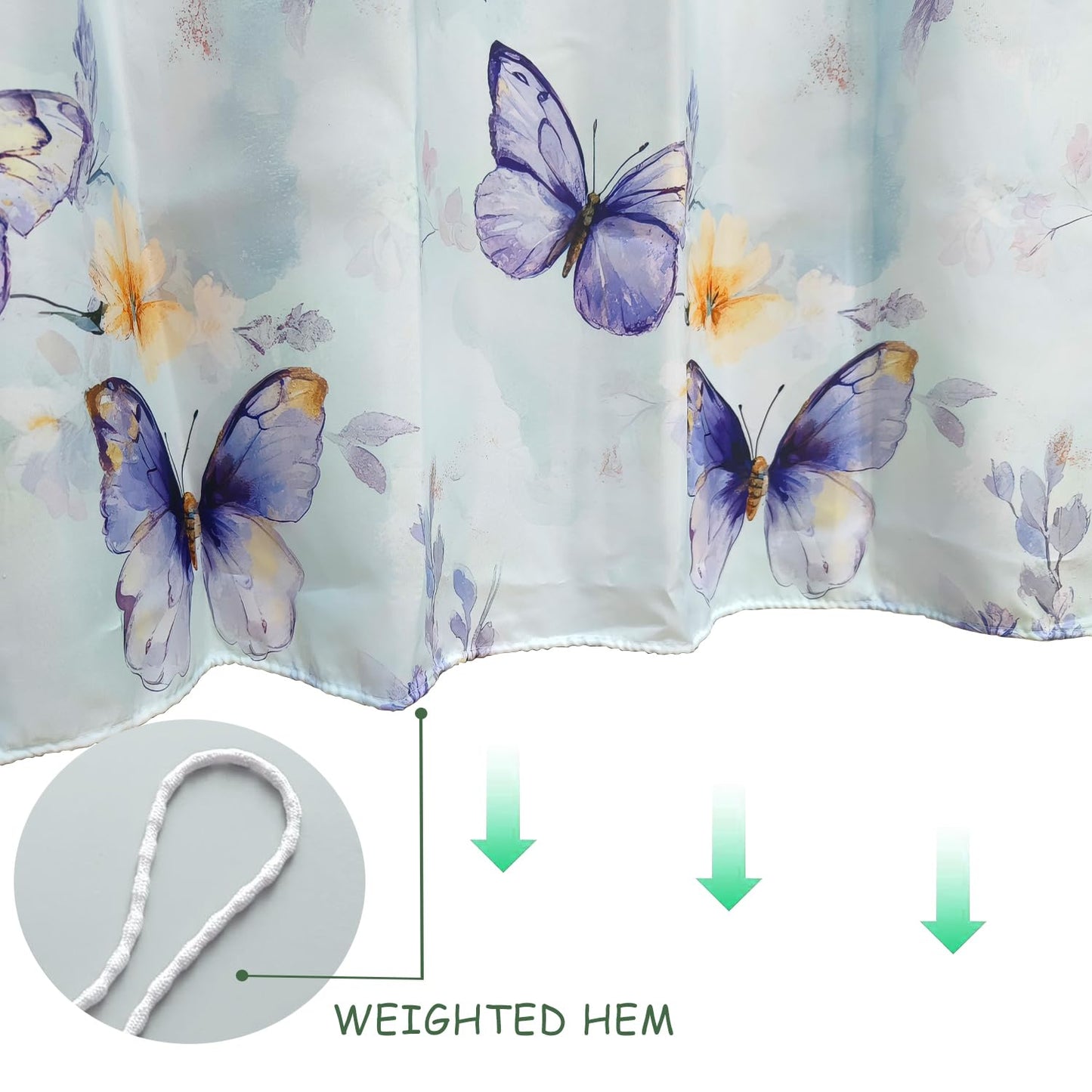 Butterfly Floral Shower Curtain 180x200cm Waterproof Mould Proof with Hooks