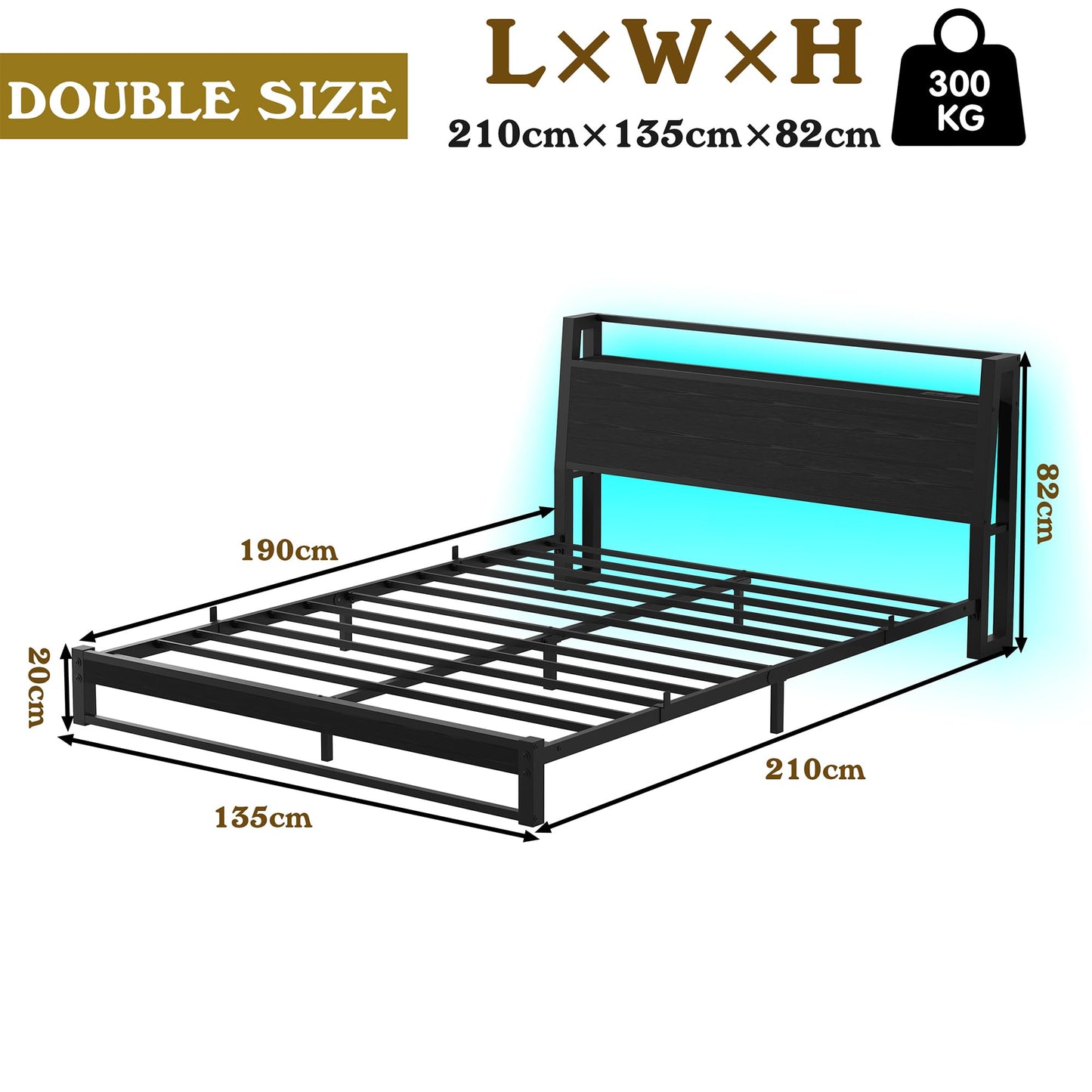 4ft6 Double Bed Frame with Ergonomic Storage Headboard,Metal Platform Low Bed Frame Double,Floor Bed Base with Charging Station and LED,Heavy Duty