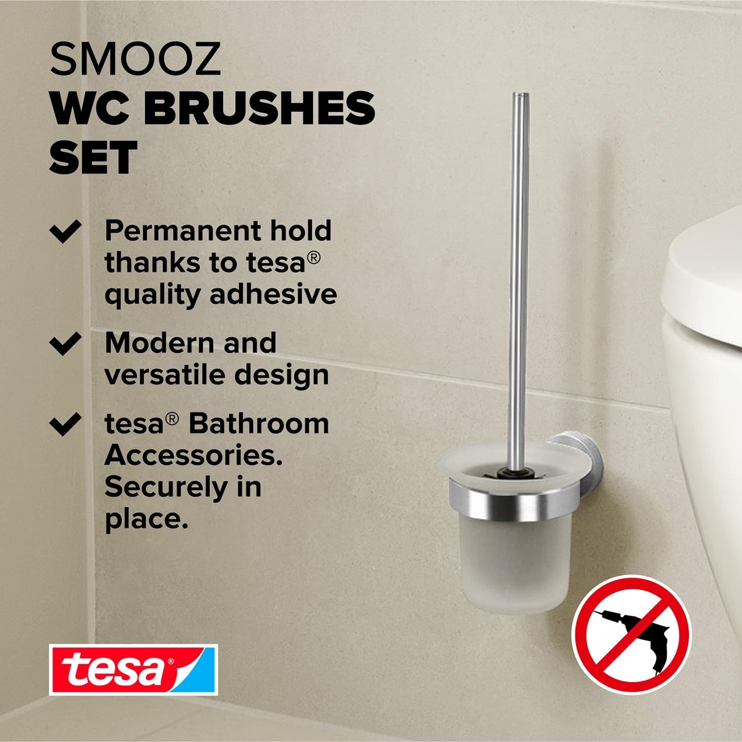 tesa SMOOZ Toilet Brush Set - No Drill Toilet Brush With Frosted Glass Container - Includes Removable Glue Solution - 137 mm x 97 mm x 410 mm