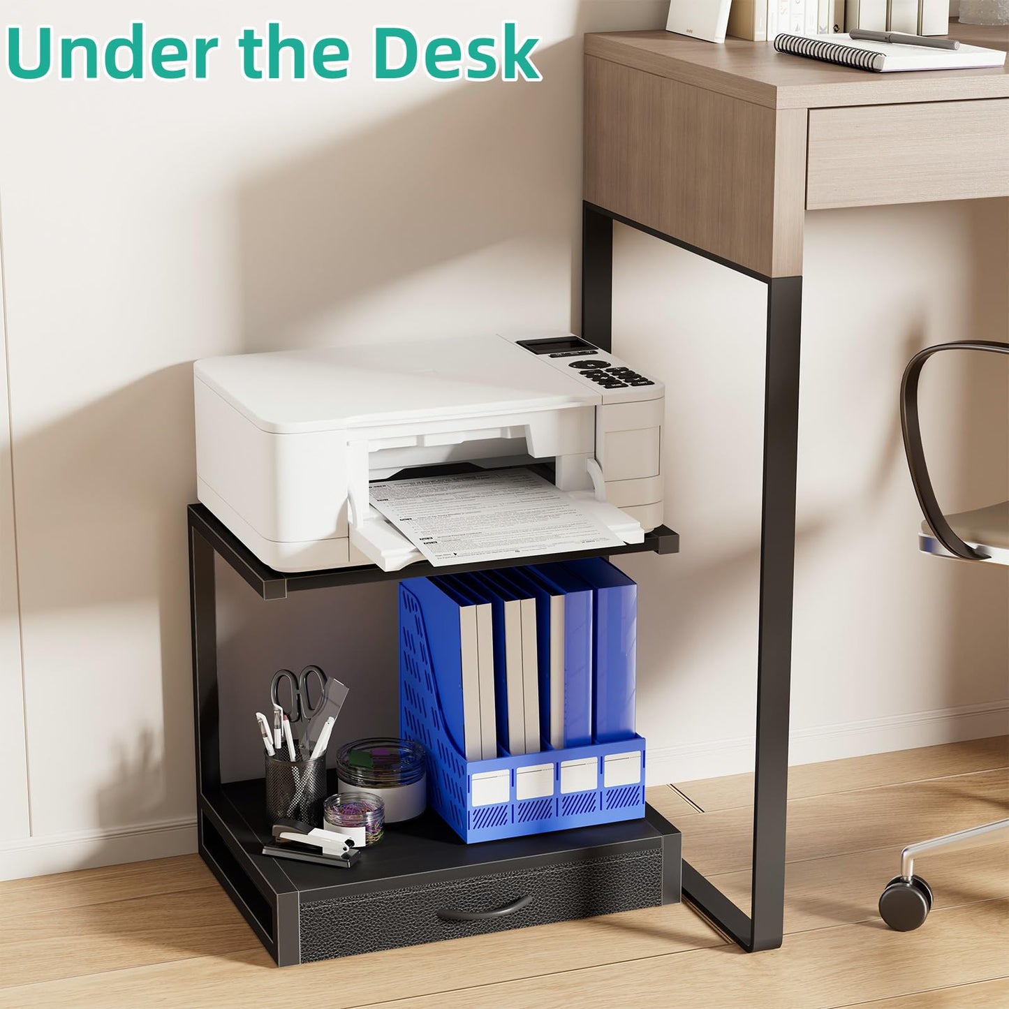 OYRREU 2-Tier Desktop Printer Stand with Fabric Drawer for Storage, Black