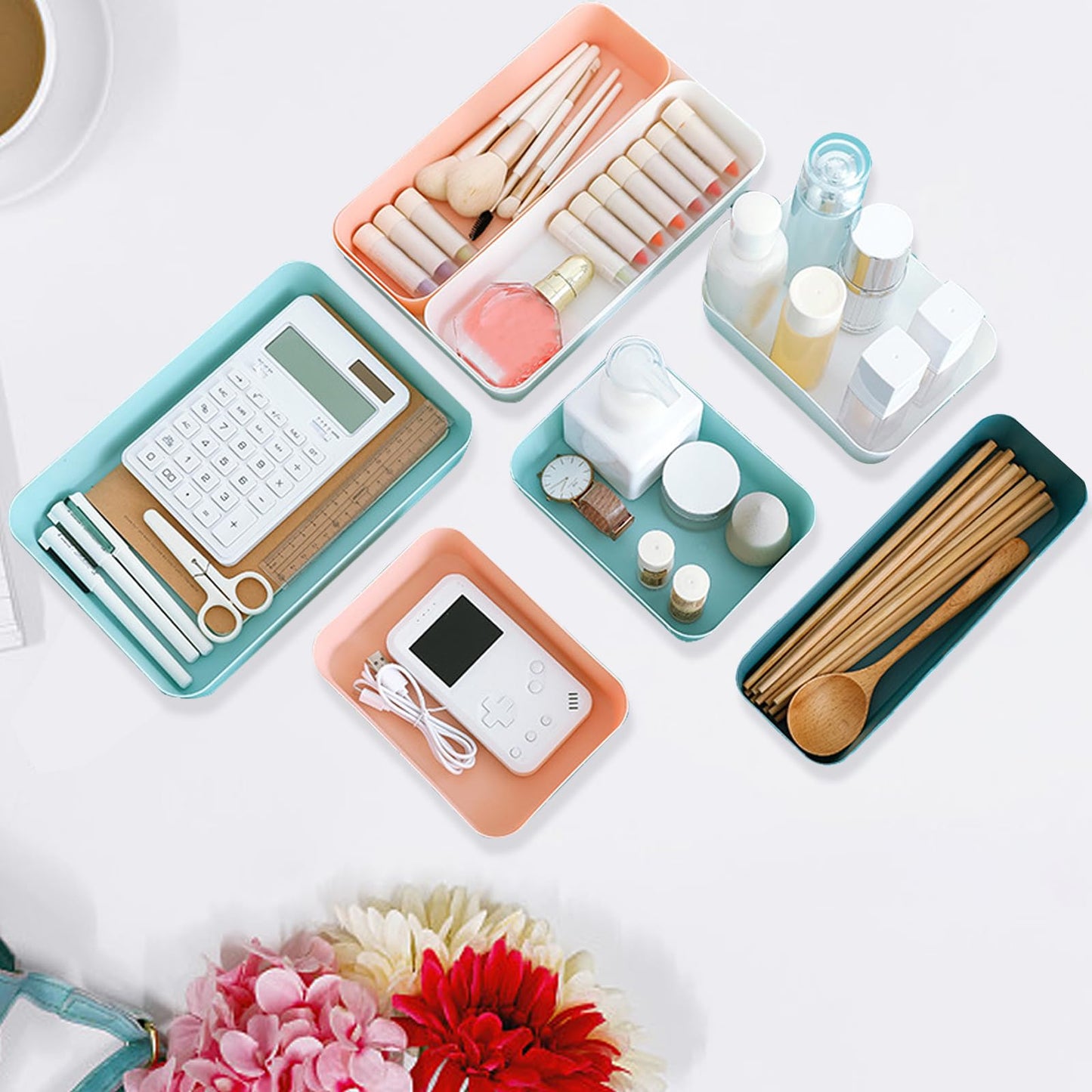 Suwimut 12 Pieces Plastic Drawer Organizer Set, 3 Size Desk Drawer Organizer Divider Trays for Makeup, Jewelry, Utensils, Gadgets
