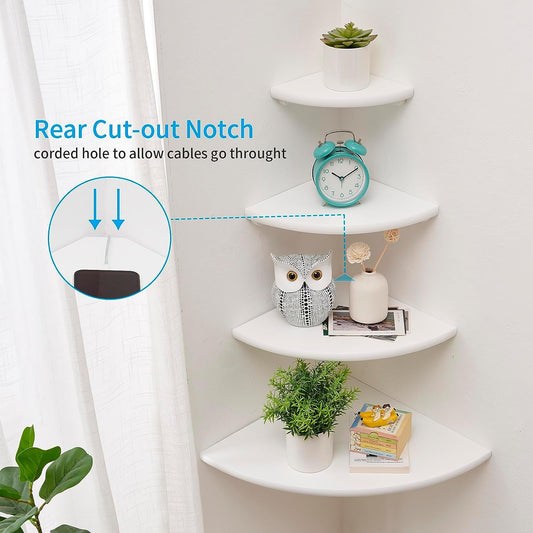 Gieanoo White Corner Shelf Wall Mount, Solid Oak Wood Set of 2 12inch Floating Corner Shelf Round End Floating Speaker Shelf With Wire Hole Shelf for