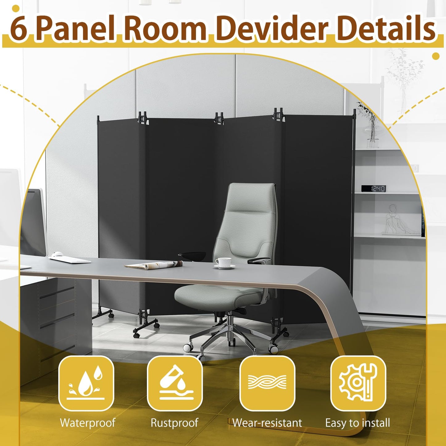 HIDODO 4 Panel Upgraded Room Divider with Wheels, 247cm W x 183cm H, Black