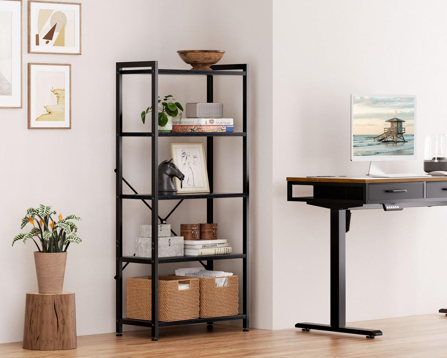 Coleshome 5-Tier Book Shelf Display Black Industrial Bookcase