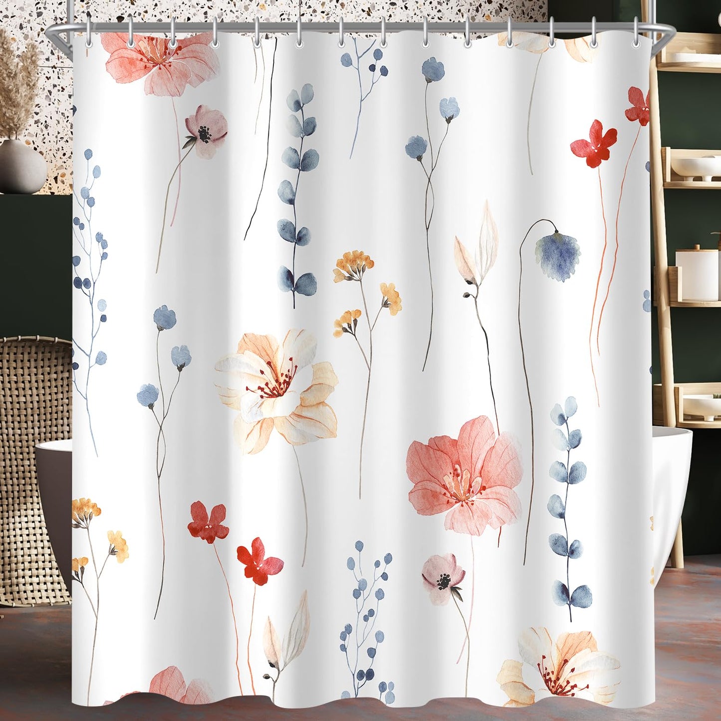 Lerores Shower Curtain, 180 x 200 cm, Coral Flower, Weighted Hem, Anti-Mould, Water-Repellent, Washable Polyester Bath Curtains with 12 Eyelets and