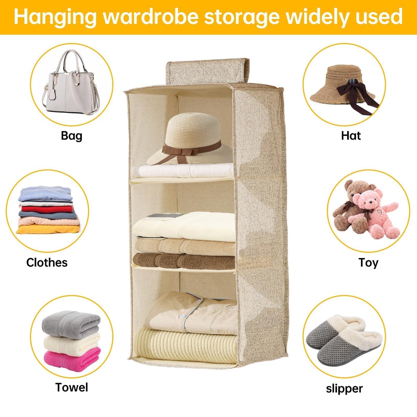 FALSKT Hanging Storage with 3 Shelves and Removable Drawer Fabric Hanging Shelves Foldable Hanging Wardrobe Organiser Wardrobe Storage Organiser for