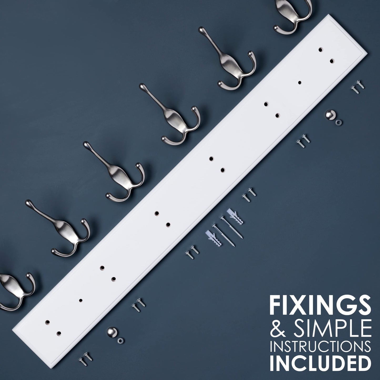 LARHN White Wall-Mounted Coat Rack - 6 Matt-Nickel Coat Hooks, 59cm