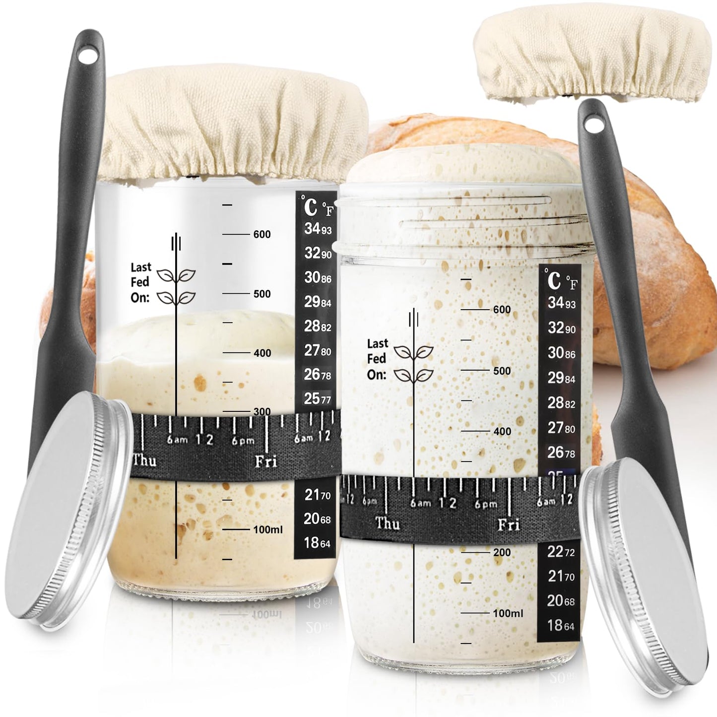 zunmial Sourdough Starter Jar, 2pcs Sourdough Starter Kit with Date Marked Feeding Band, Thermometer, Cloth Cover & Metal Lid, Reusable Sourdough
