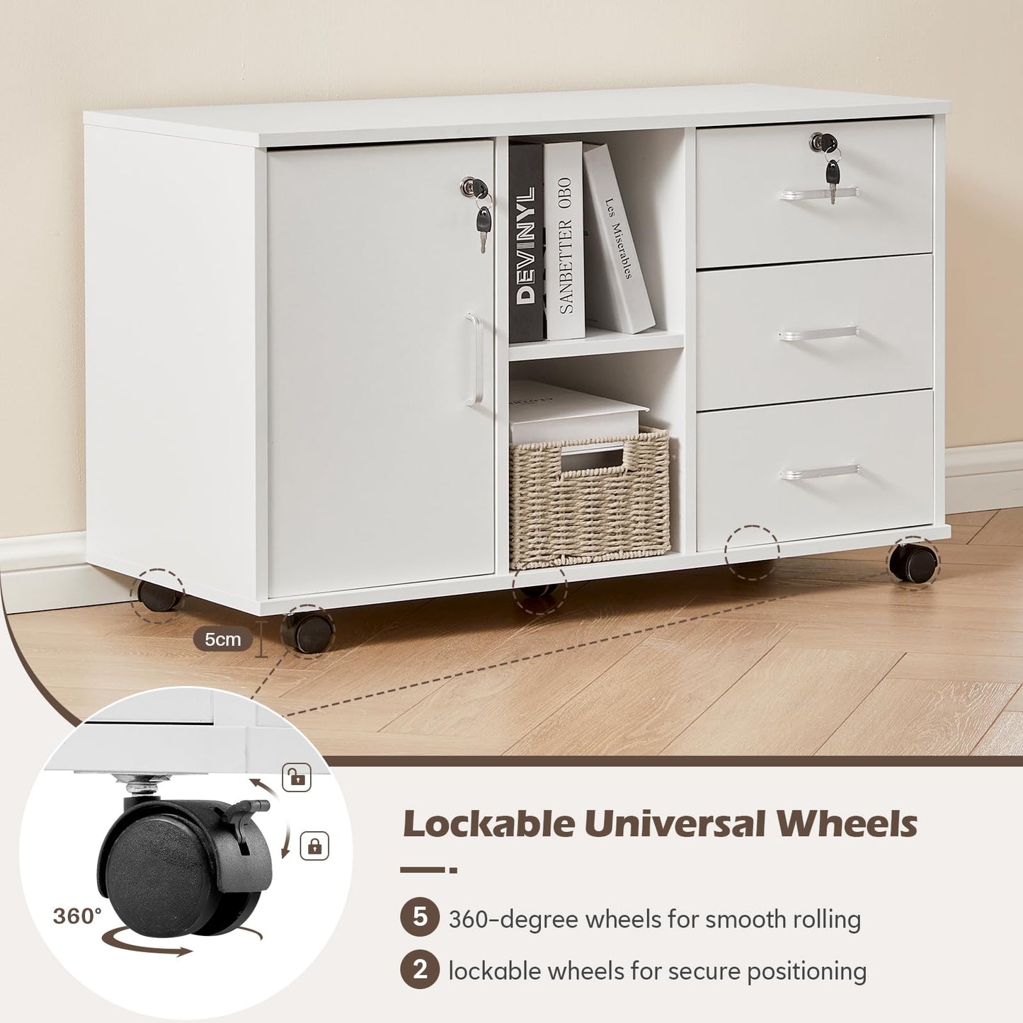 TUKAILAi Mobile File Cabinet with 3 Drawers and Lockable Cupboard, White