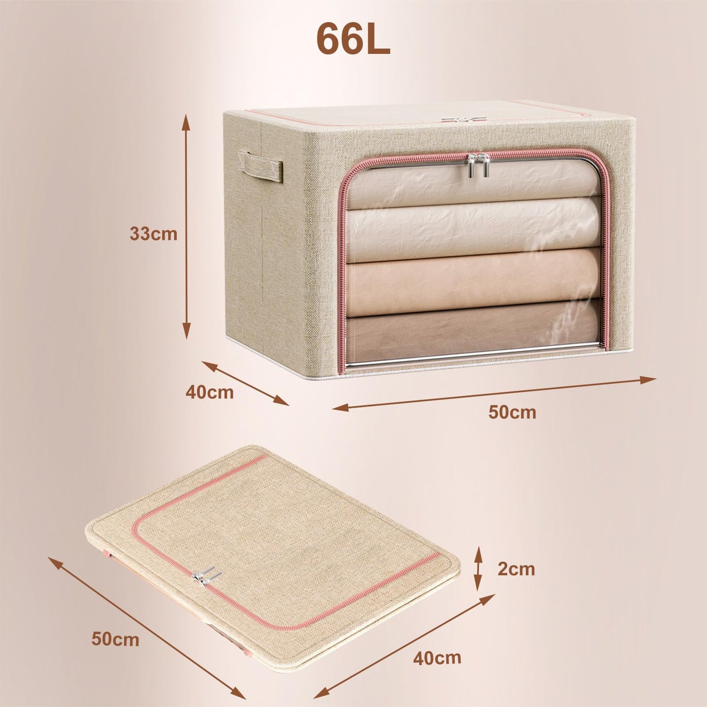 Douzi 2 Pack Clothes Storage Boxes Closet Organizers and Storage, Foldable Cloth Steel Frame Box for Storing Bedding,Blankets-Khaki-66L