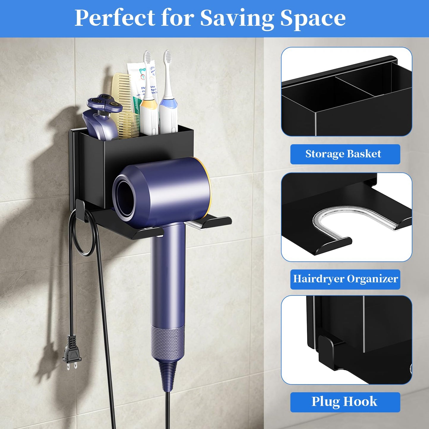ZDDLOINP Hairdryer Holder Wall Mounted with Storage Compartment, Black