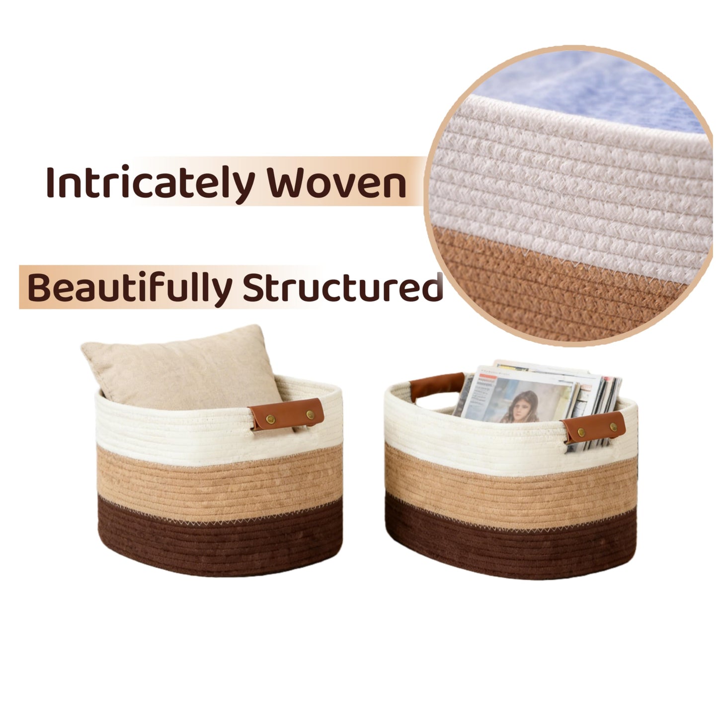 2 Pcs Large Storage Baskets with Detachable Leather Handles, Foldable