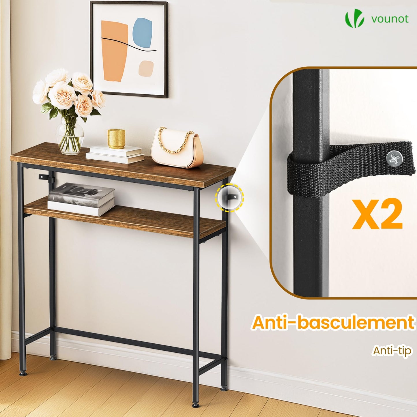 VOUNOT® Narrow Console Table, 2- Tier Slim Metal Frame Entryway Table, Small Sofa Side Table with Storage Shelf for Hallway, Living Room or Bedroom