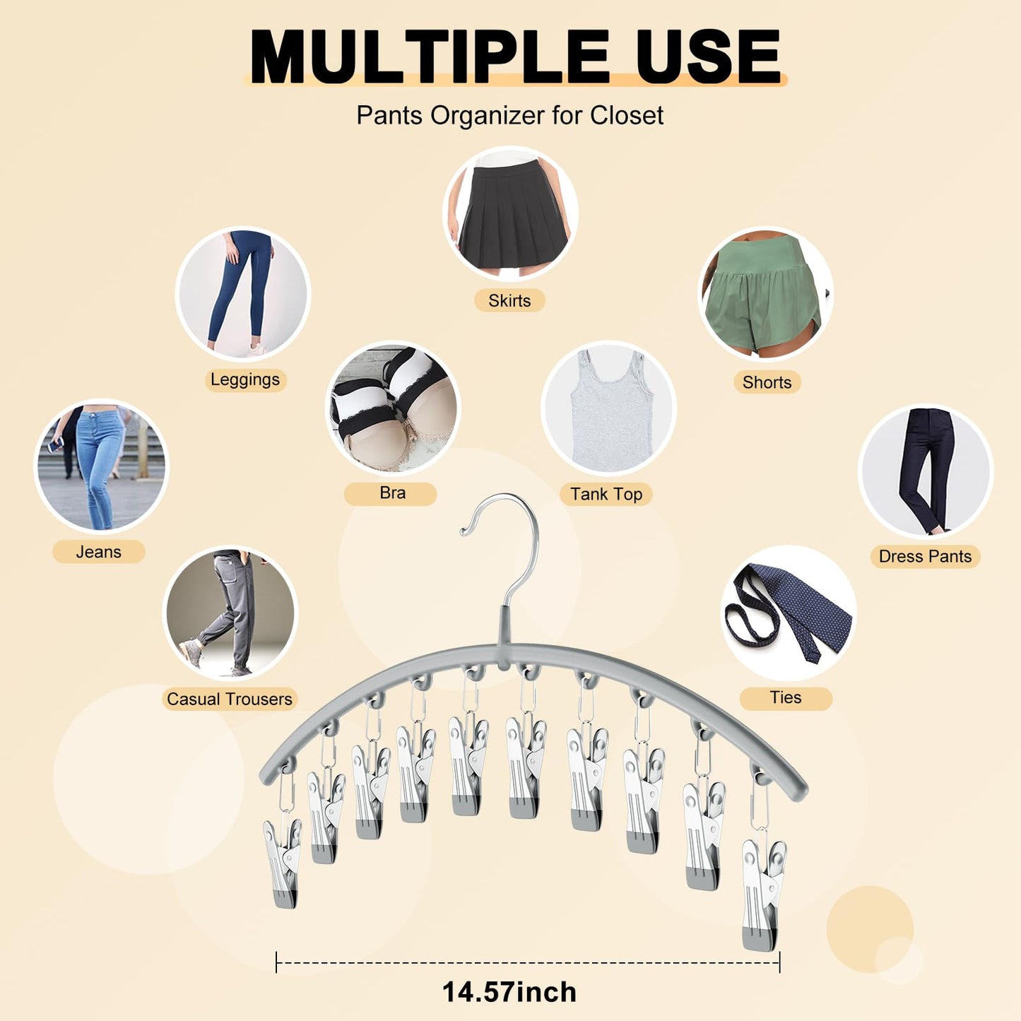 Volnamal Leggings Organiser, Metal Yoga Pants Hangers with Rubber Coating, 4 Pack 10 Clips for 40 Leggings Space Saving Hanging Closet Organizer Grey