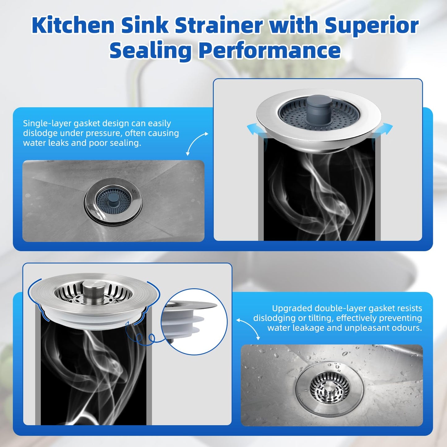 Hibbent 2 Set 3-in-1 Kitchen Sink Strainer Plug, Brushed Nickel