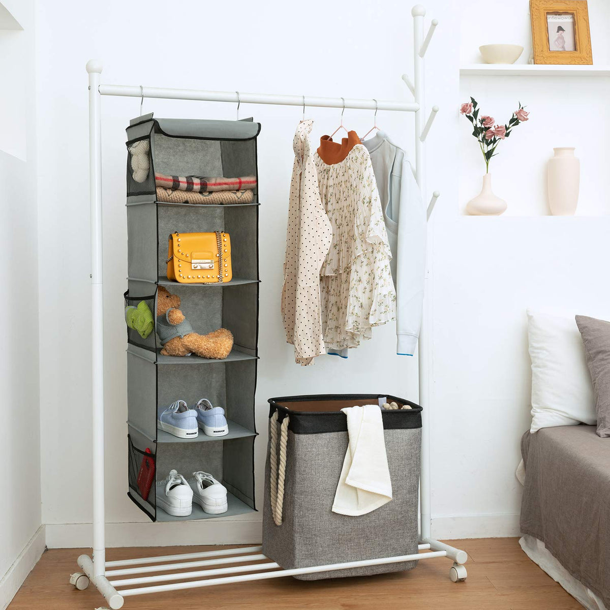 BrilliantJo Hanging Storage with 5 Shelves Wardrobe Closet Organiser, Storage Shelves Unit with 6 Pockets for Clothes - Grey30 x 30 x 108cm