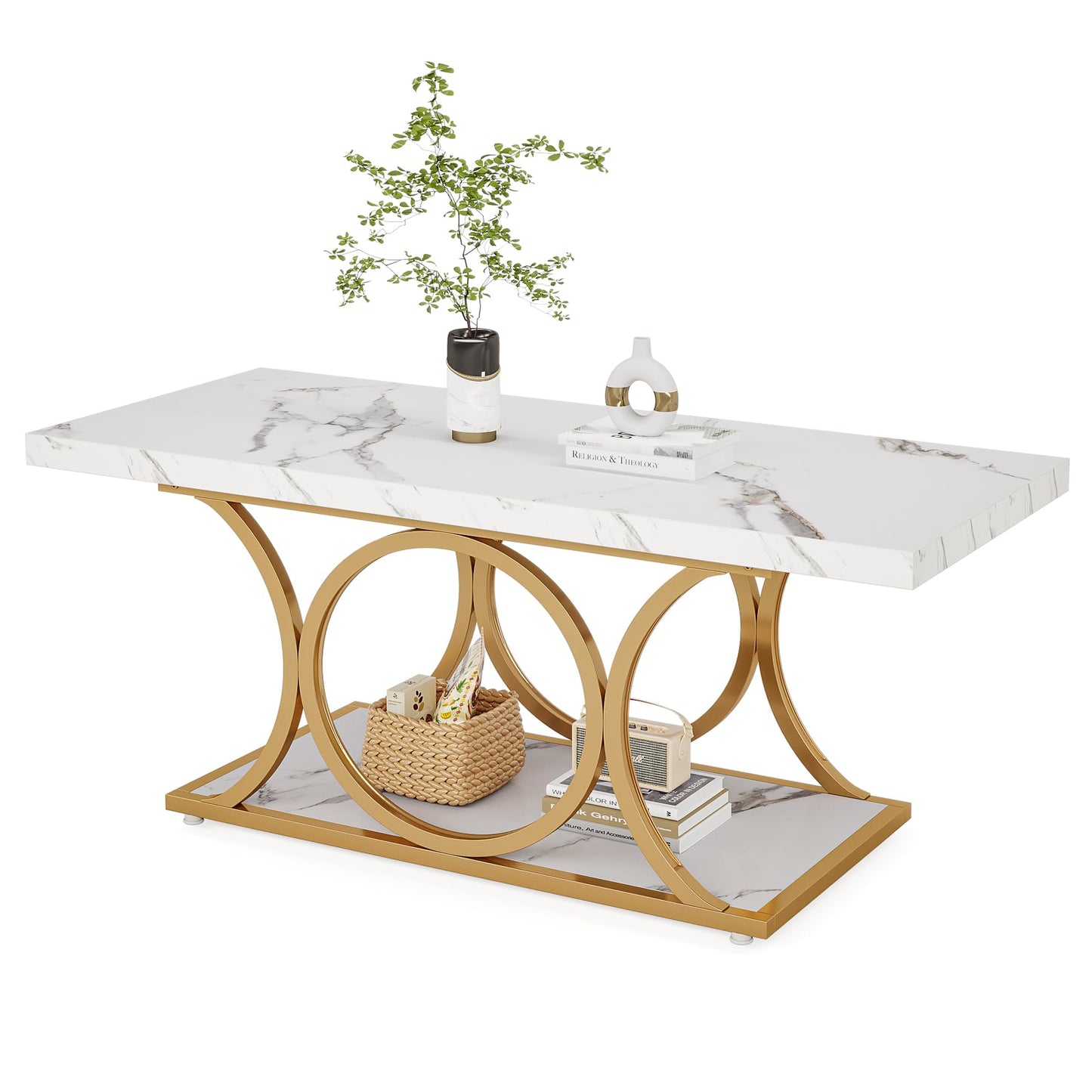 LITTLE TREE White Rectangle Coffee Table, 47 Inches Modern Coffee Tables for Living Room, 2-Tier Faux Marble Wood Coffee Table with Storage
