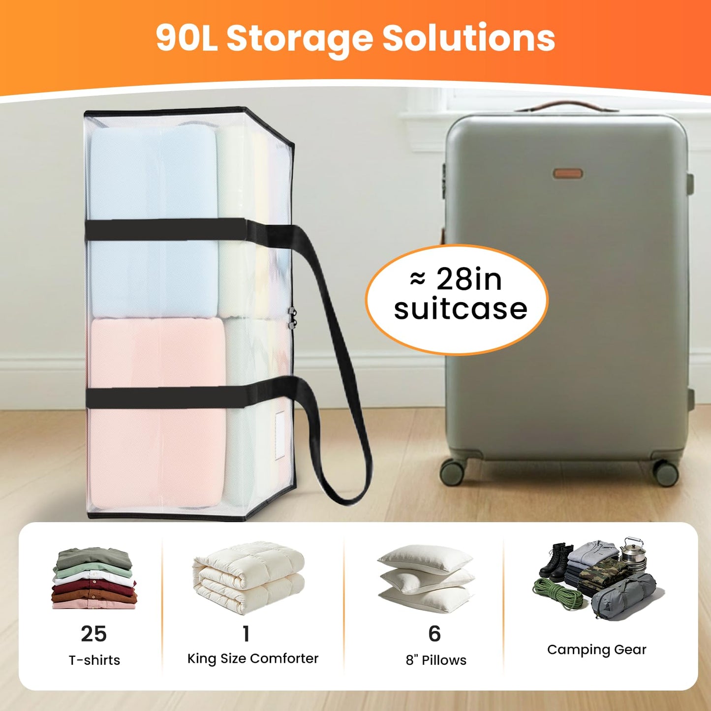 RICHER HOUSE 90L Heavy Duty Moving Boxes, Clothes Storage Bag, 6 Pack,Clear
