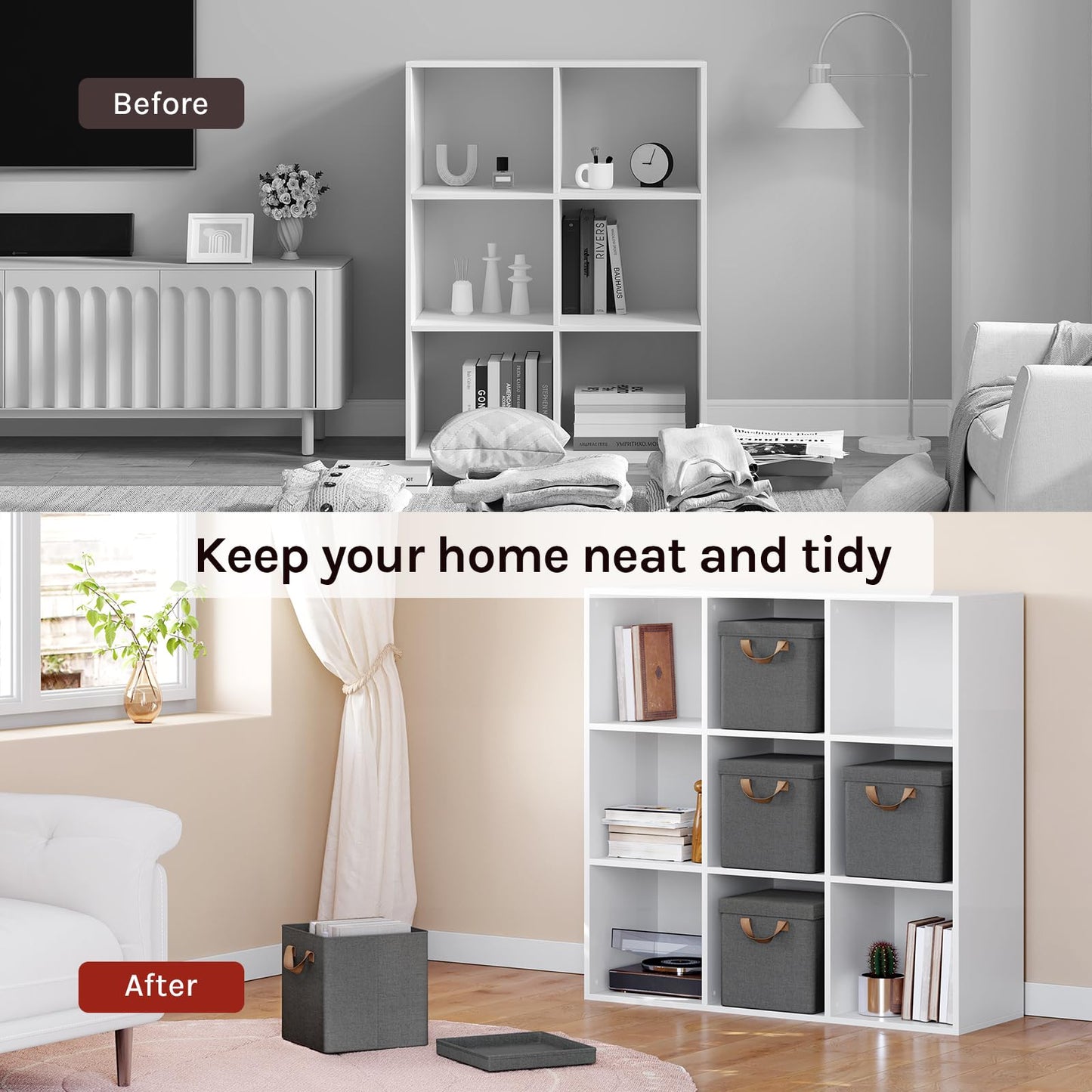 WOLTU Fabric Storage Boxes Set of 5, Folding Baskets with Lids, Handles, Metal Frame, Wardrobe Toy Organisers for Living Room, Bedroom, Office, Grey