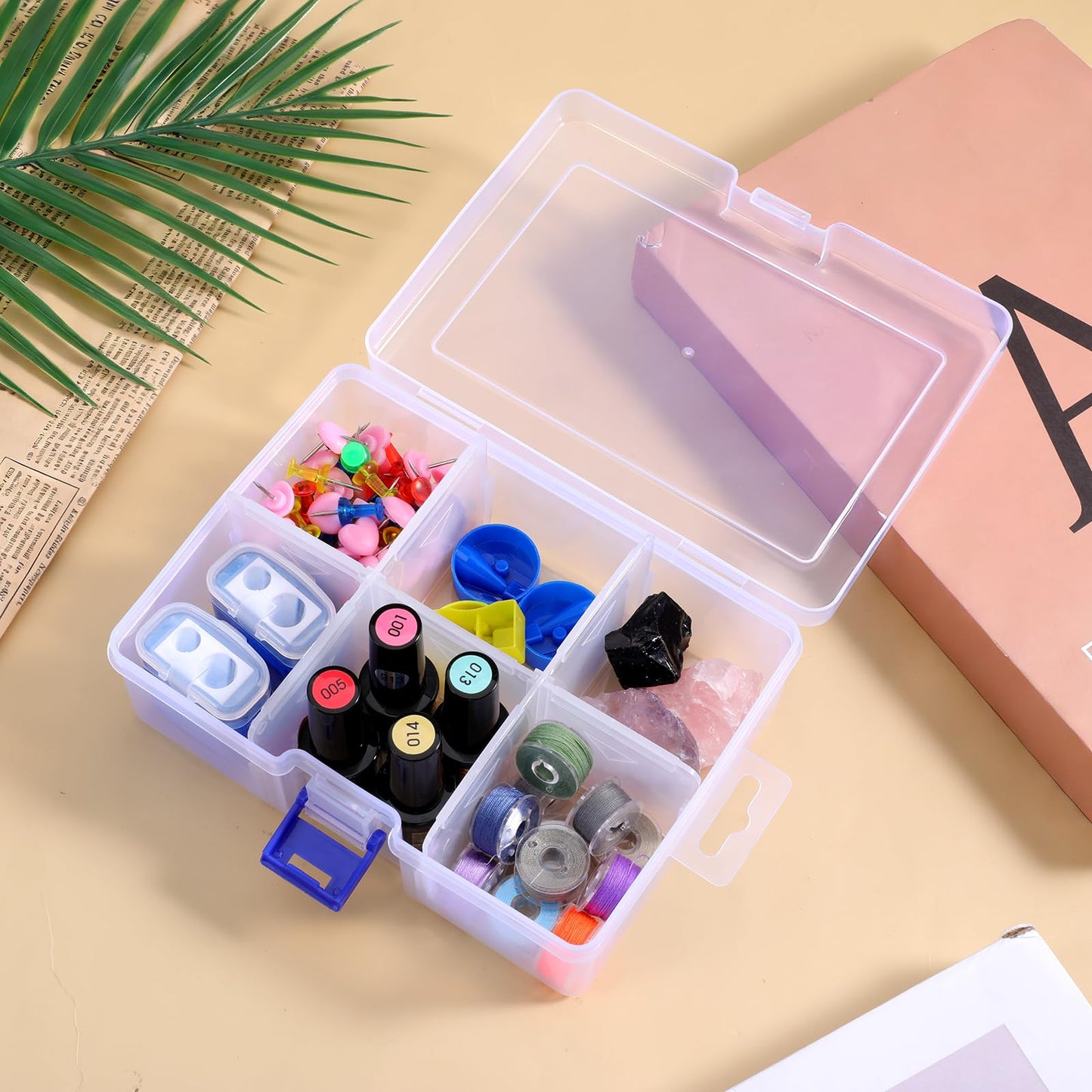 Xelsluthe Plastic Organiser Box, 6 Grids 6.29 Inch X 4.52 Inch Compartment Storage Boxes, Clear Organizer Box