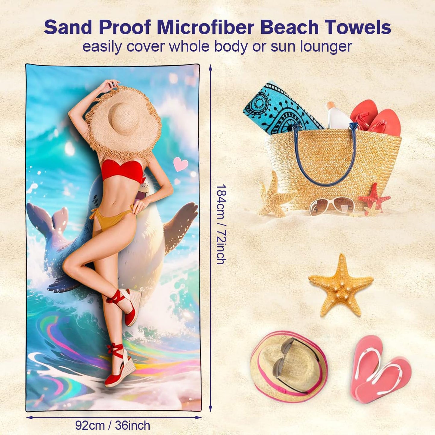 Violetpos Rainbow Wave Seal Beach Towel, Extra Large 180x90 cm 250GSM Microfibre, Sand Free Quick Dry
