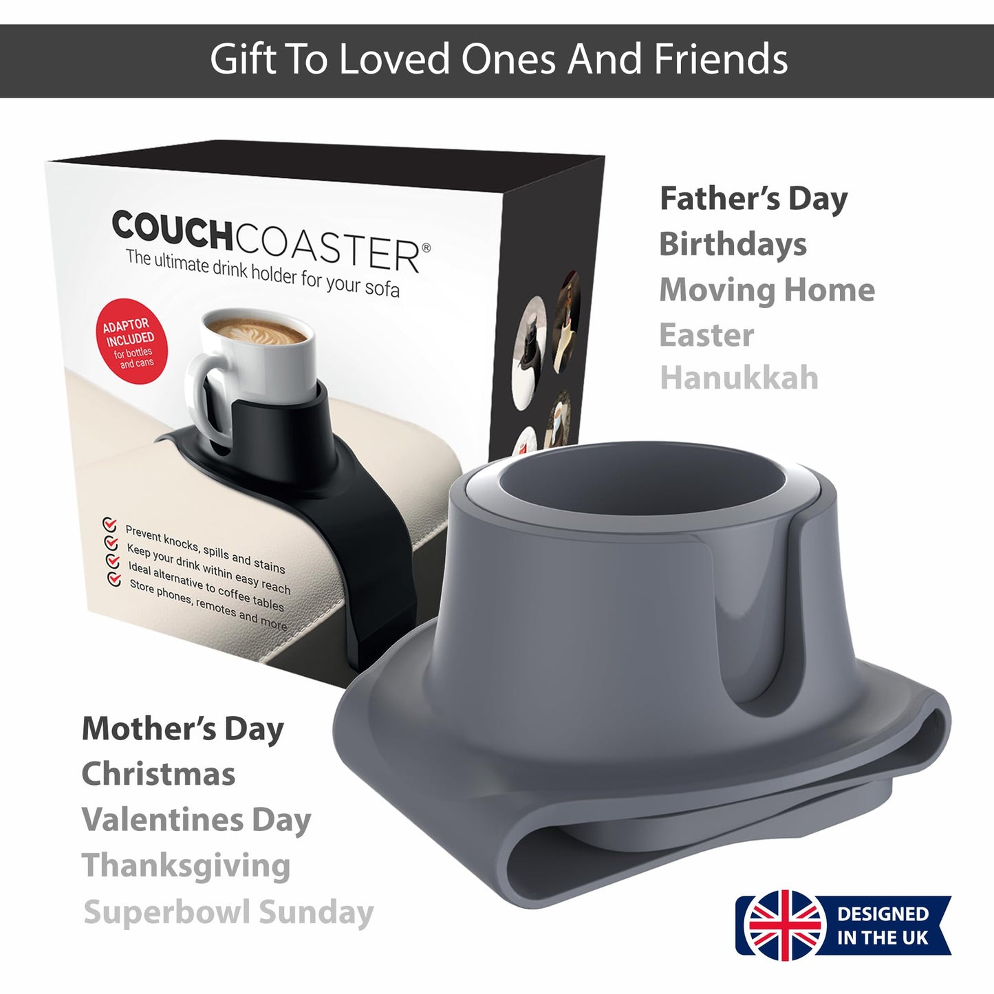 HIT PRODUCTS CouchCoaster® - Couch Armrest Cup Holder, Steel Grey